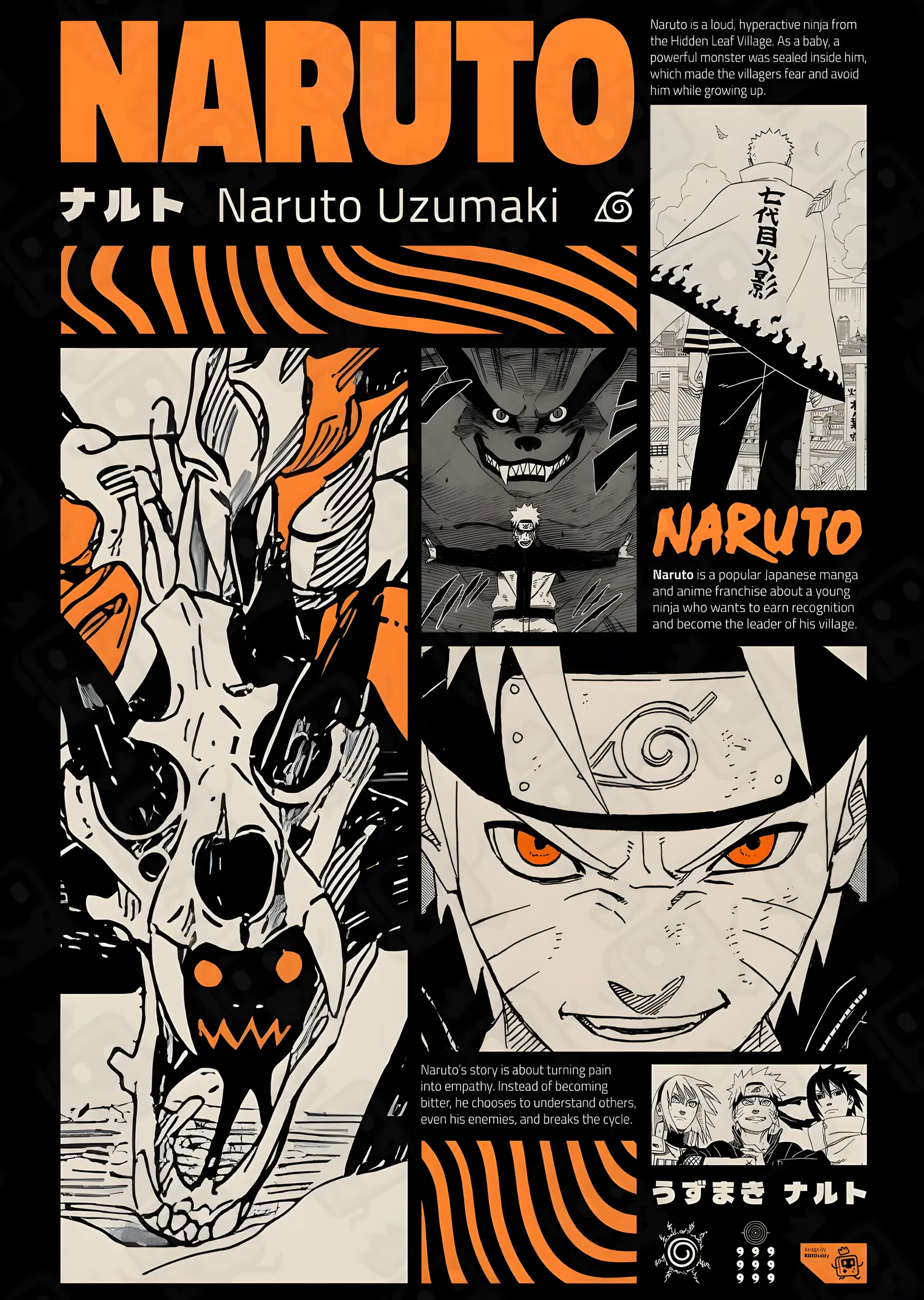 Naruto - Turuncu ve Siyah Dalgalar ile Naruto Uzumaki metal tablo