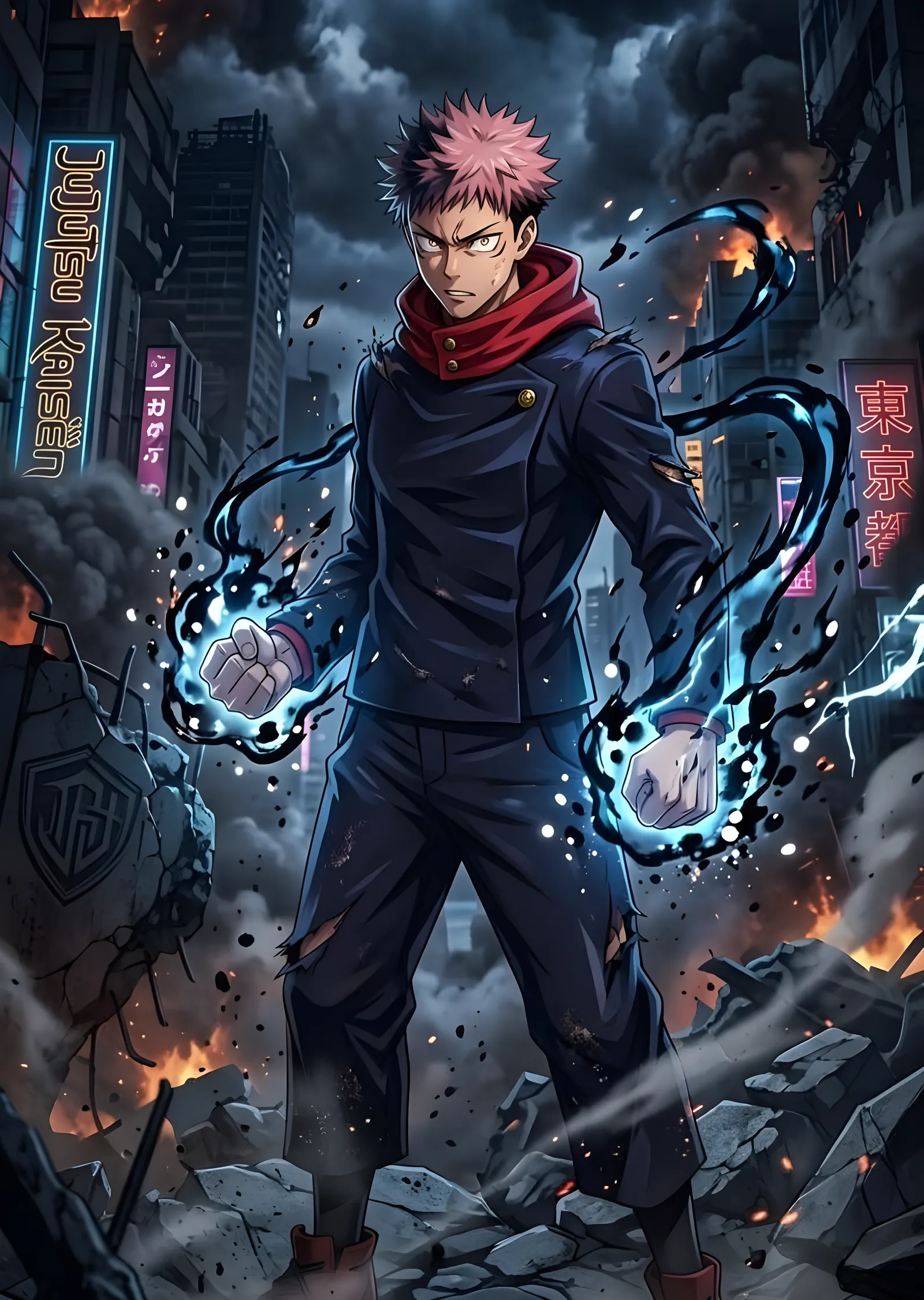 Jujutsu Kaisen - Yıkık Tokyo'da Yuji metal tablo
