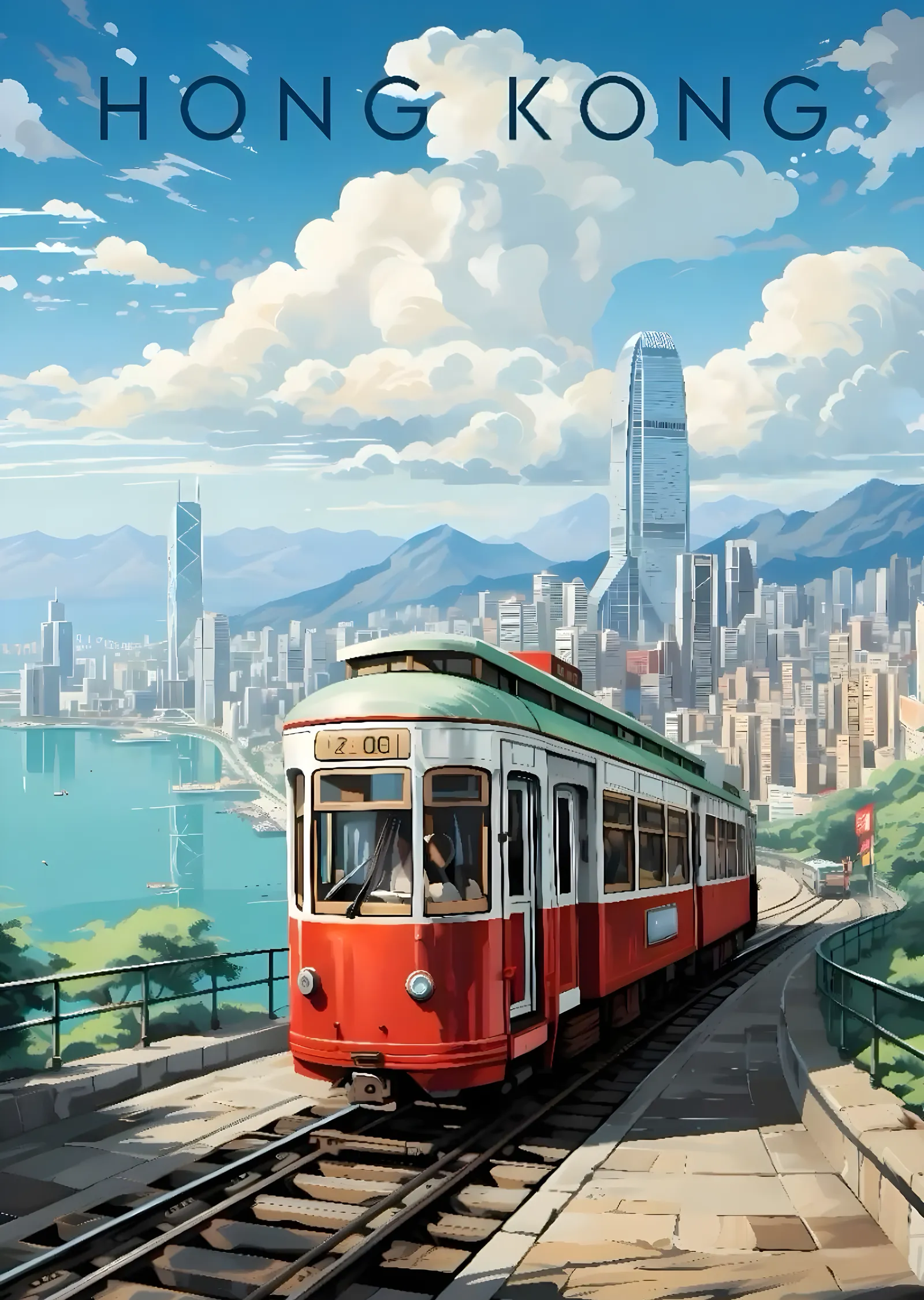 Hong Kong Treni ve Şehir Manzarası metal tablo