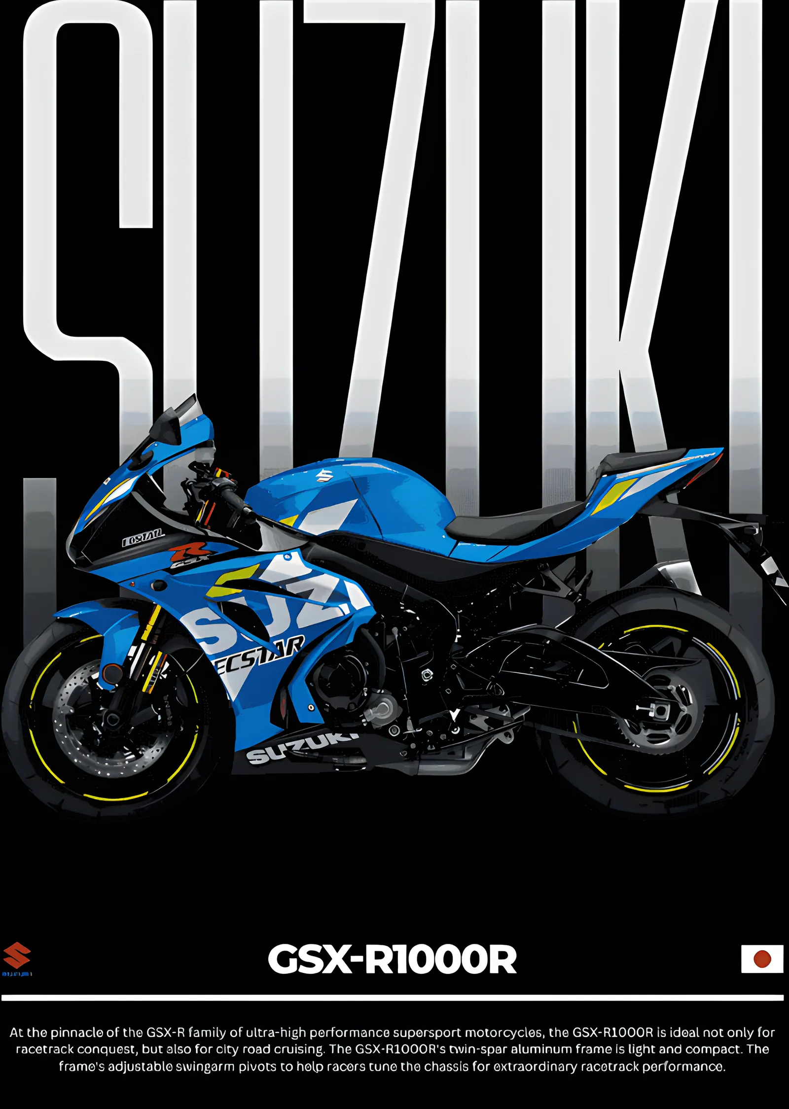 Suzuki GSX-R1000R: Siyah Zemin Mavi metal tablo