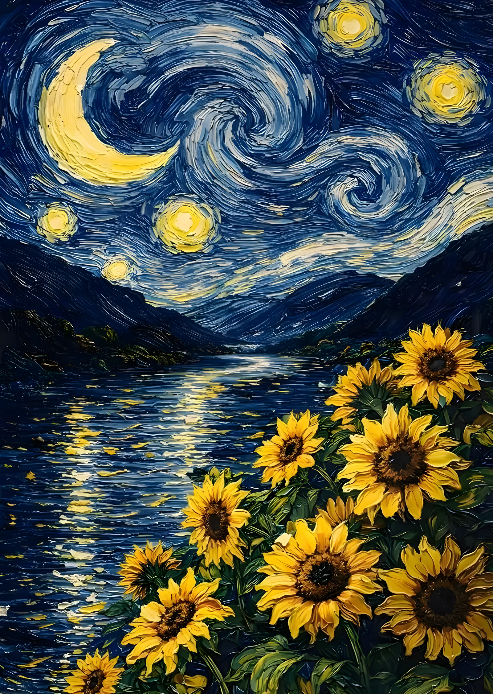 Van Gogh Esintili Yıldızlı Gece ve Ayçiçekleri metal tablo