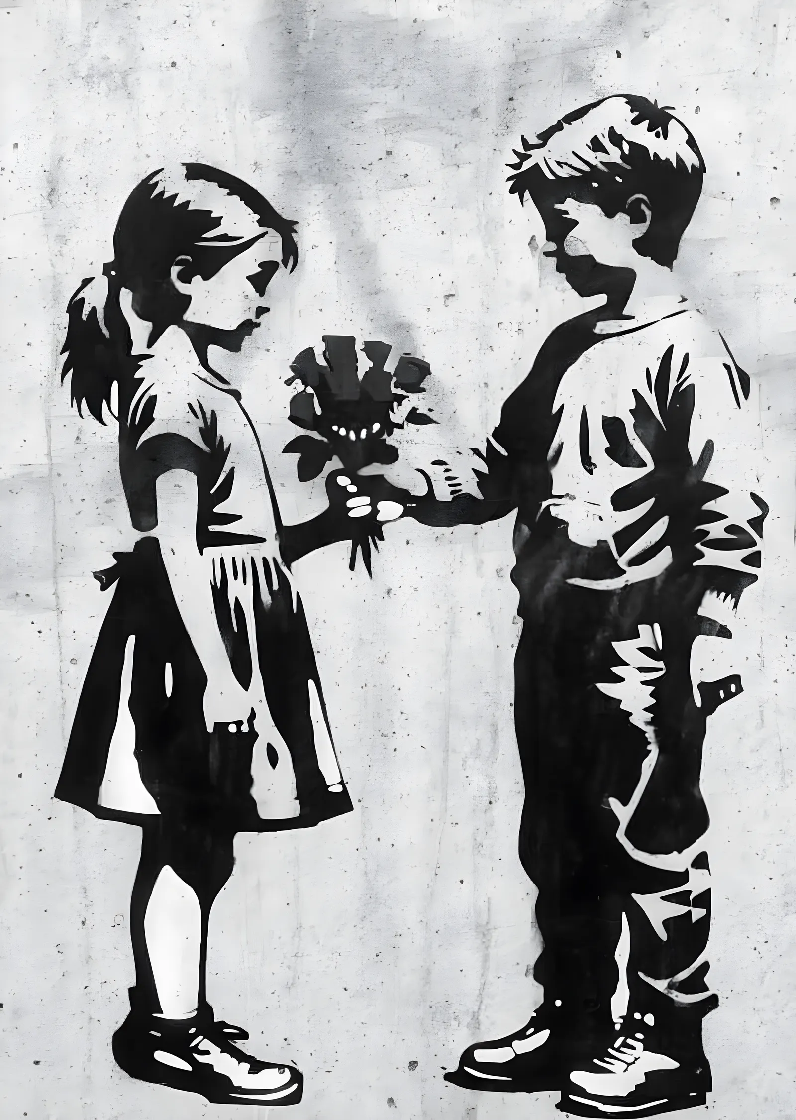 Banksy Tarzı: Çiçek Uzatan Kız ve Oğlan metal tablo