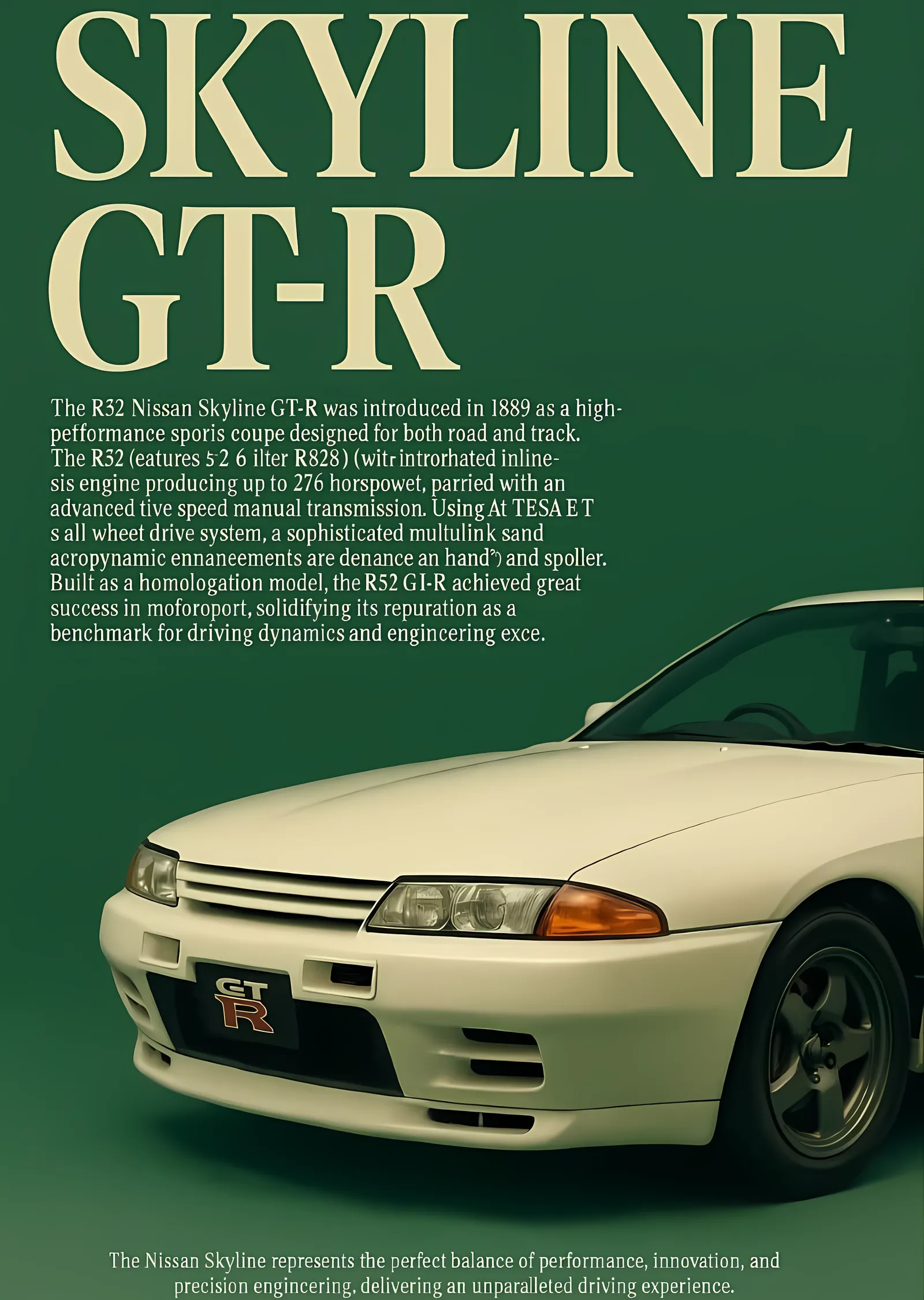 Nissan Skyline GT-R R32 - Yeşil Zemin metal tablo