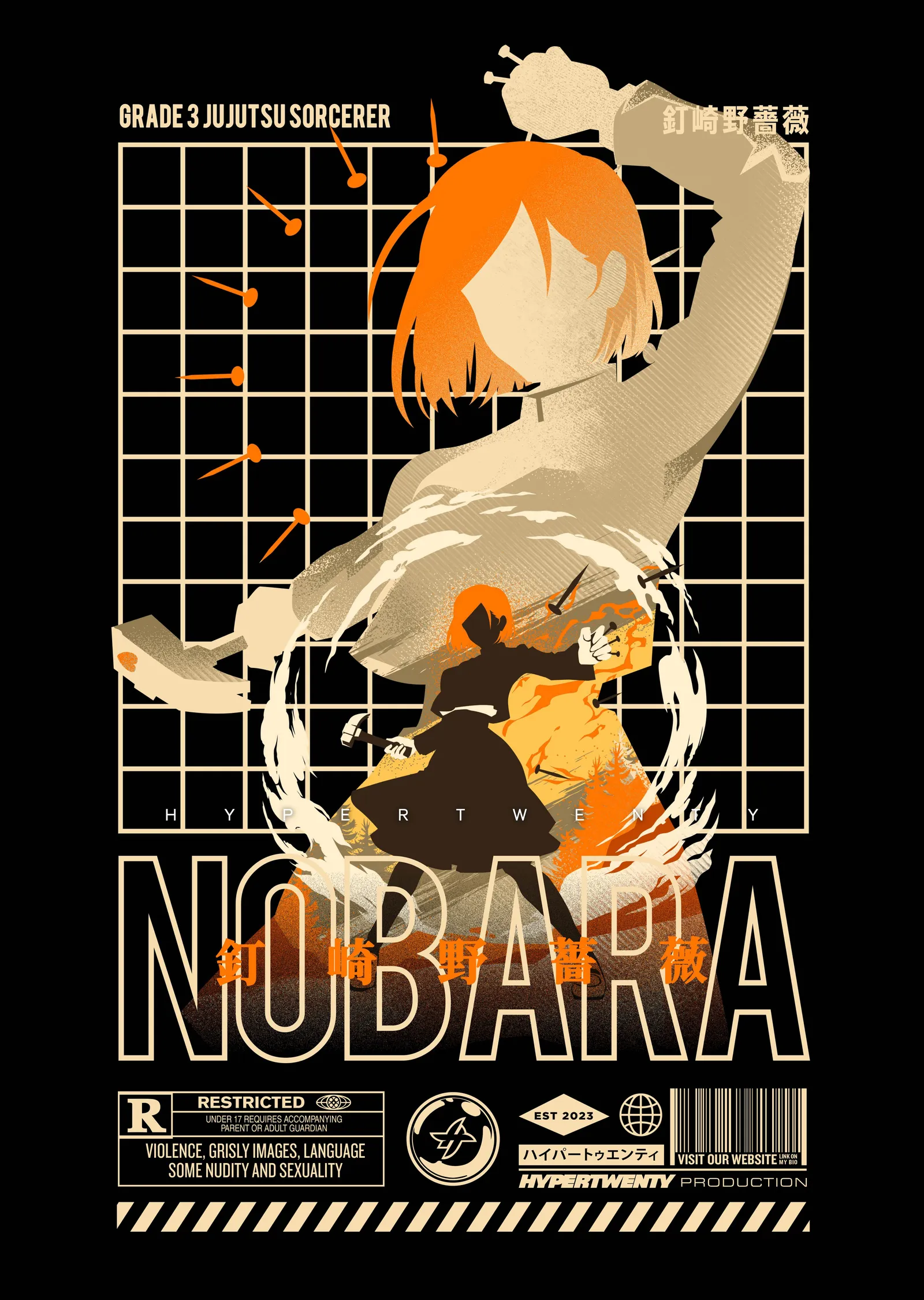 Jujutsu Kaisen: Nobara Kugisaki - Turuncu ve Siyah Dalgalar metal tablo