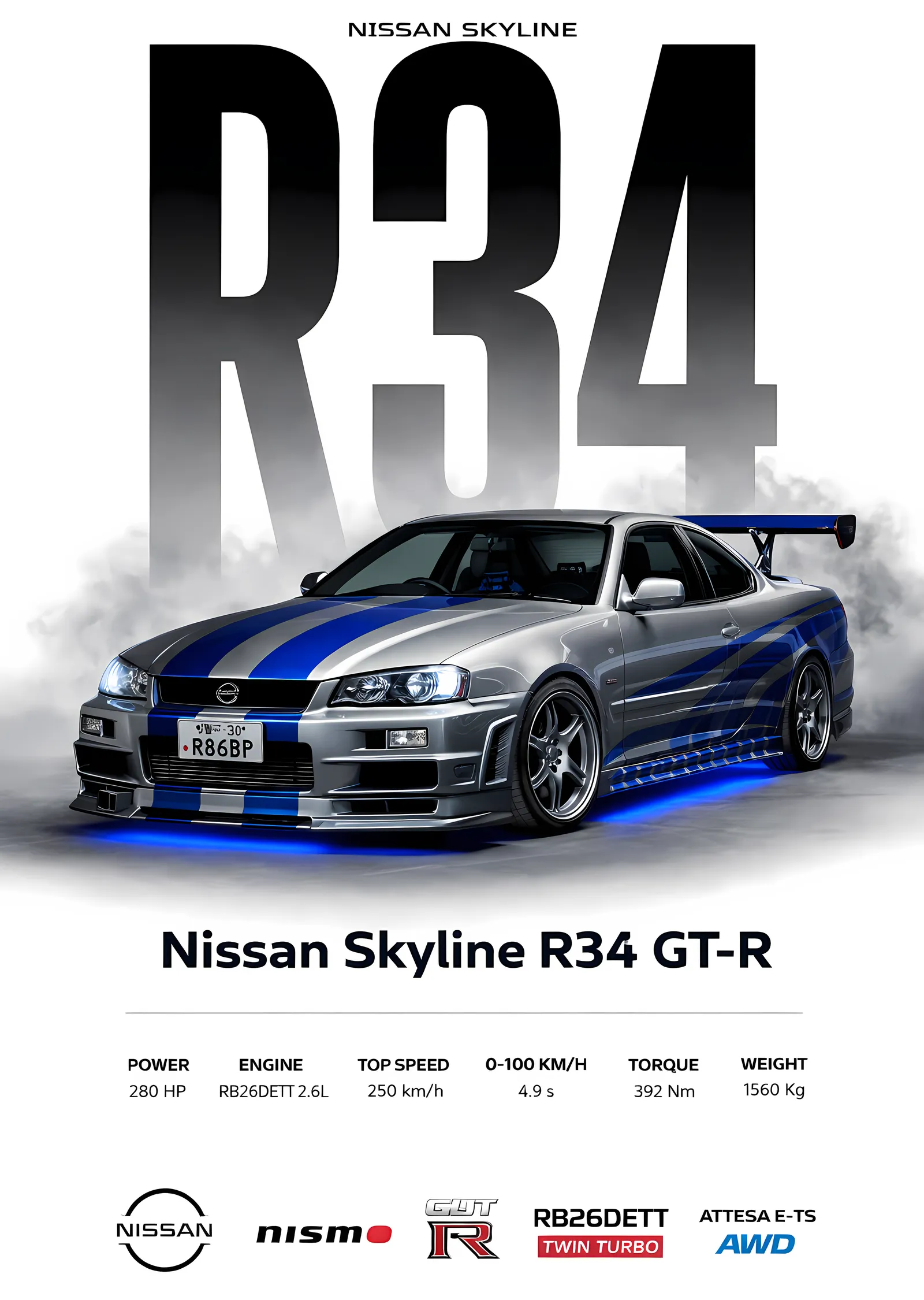 Nissan Skyline R34 GT-R - Beyaz Zemin metal tablo