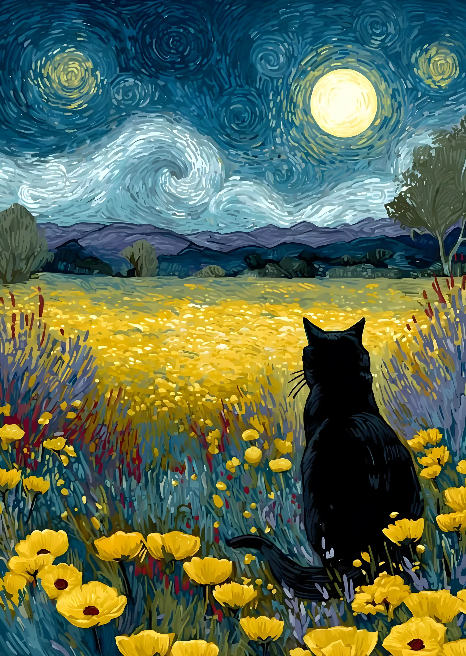 Gece Manzarasında Siyah Kedi metal tablo