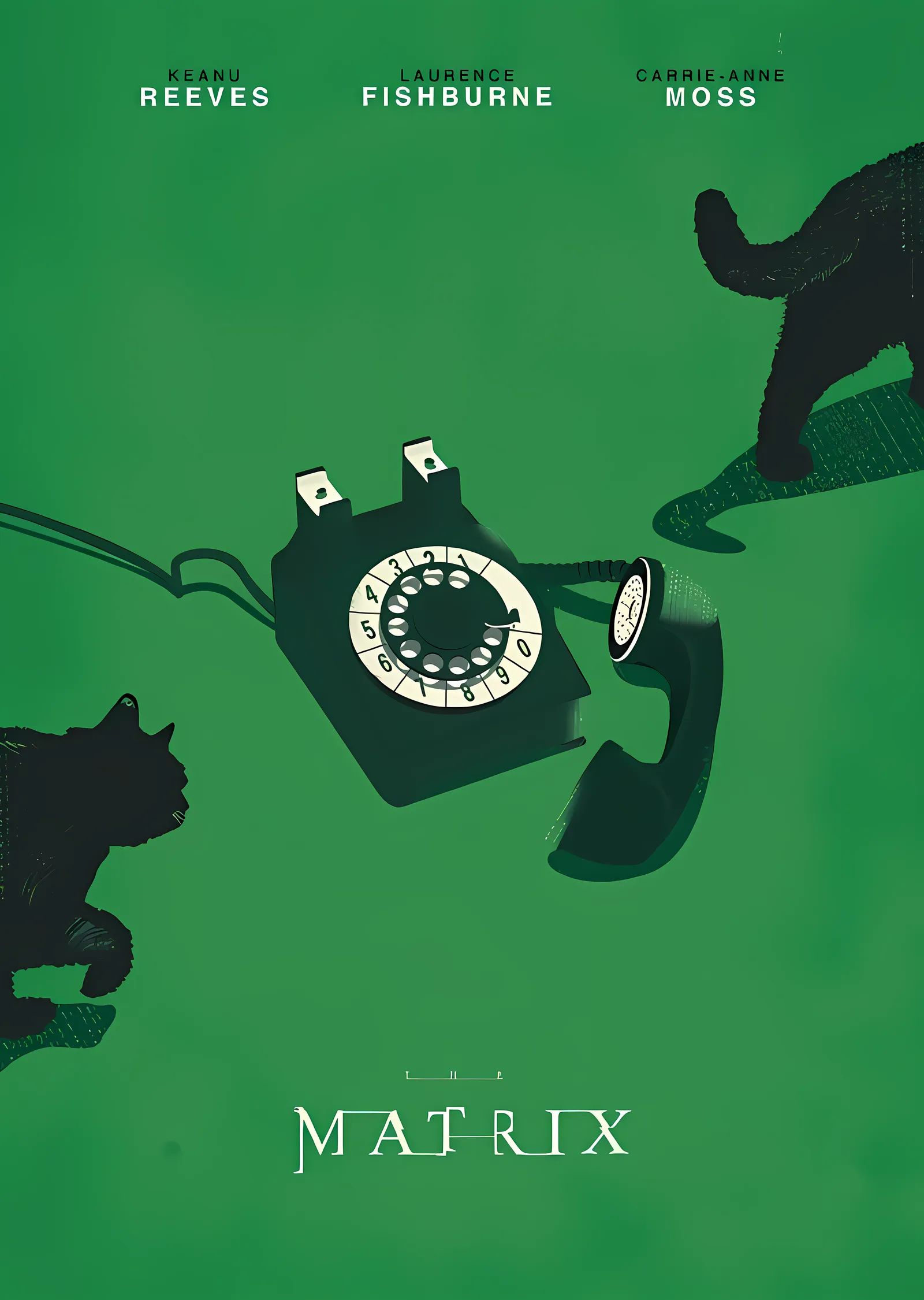 The Matrix: Yeşil Arka Planlı Telefon ve Kediler metal tablo