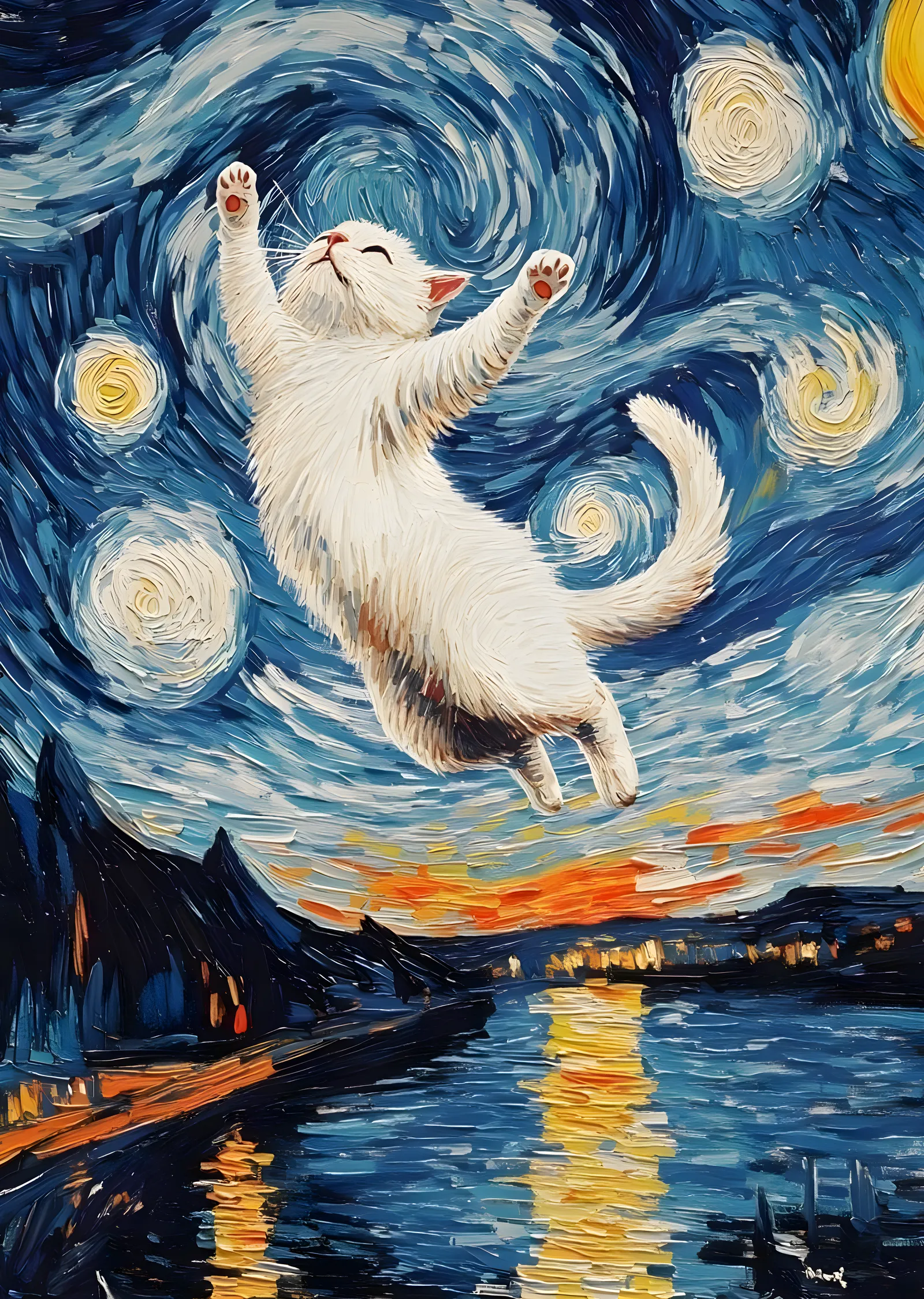 Vincent van Gogh Tarzında Uçan Beyaz Kedi metal tablo