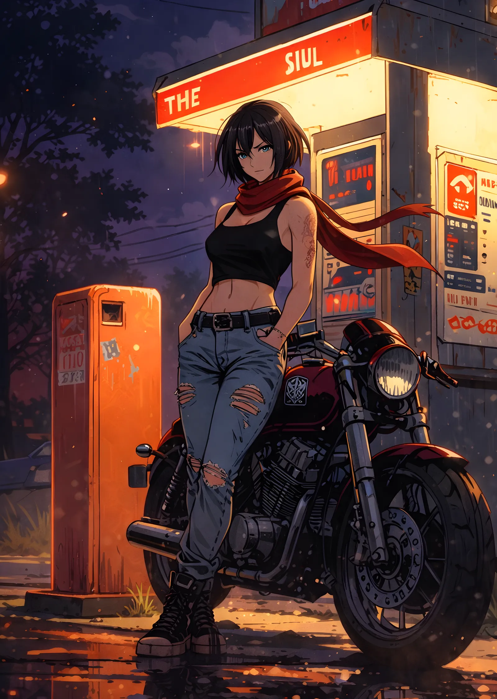 Gece Benzinliğinde Motosikletli Kız metal tablo