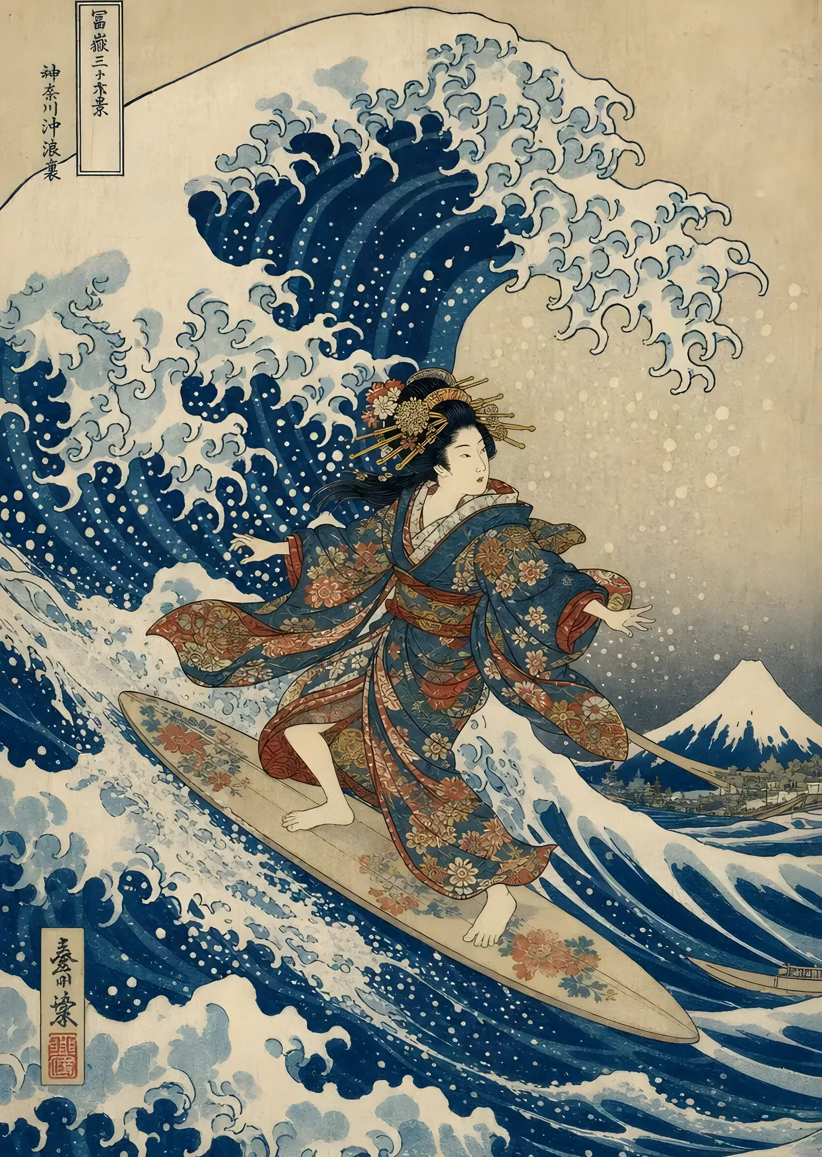 Ukiyo-e: Dalga ve Geyşa metal tablo