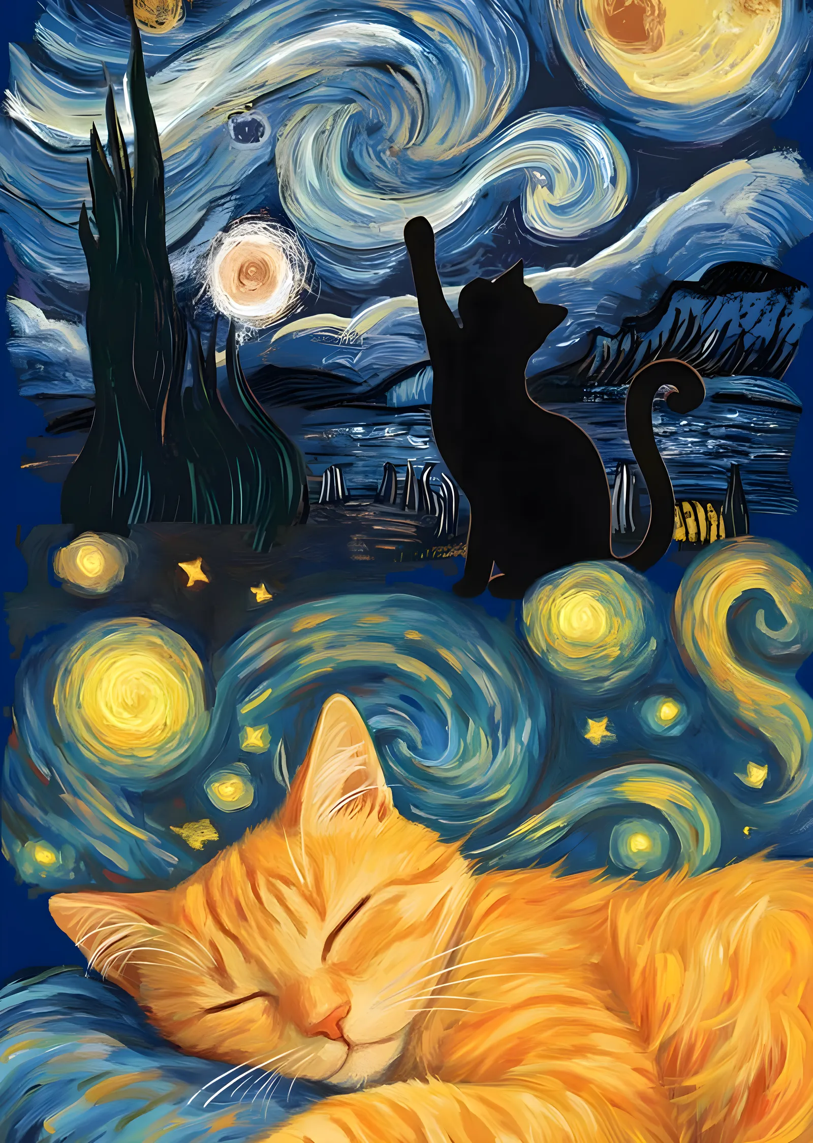 Van Gogh'un Yıldızlı Gecesi ve Kedi metal tablo