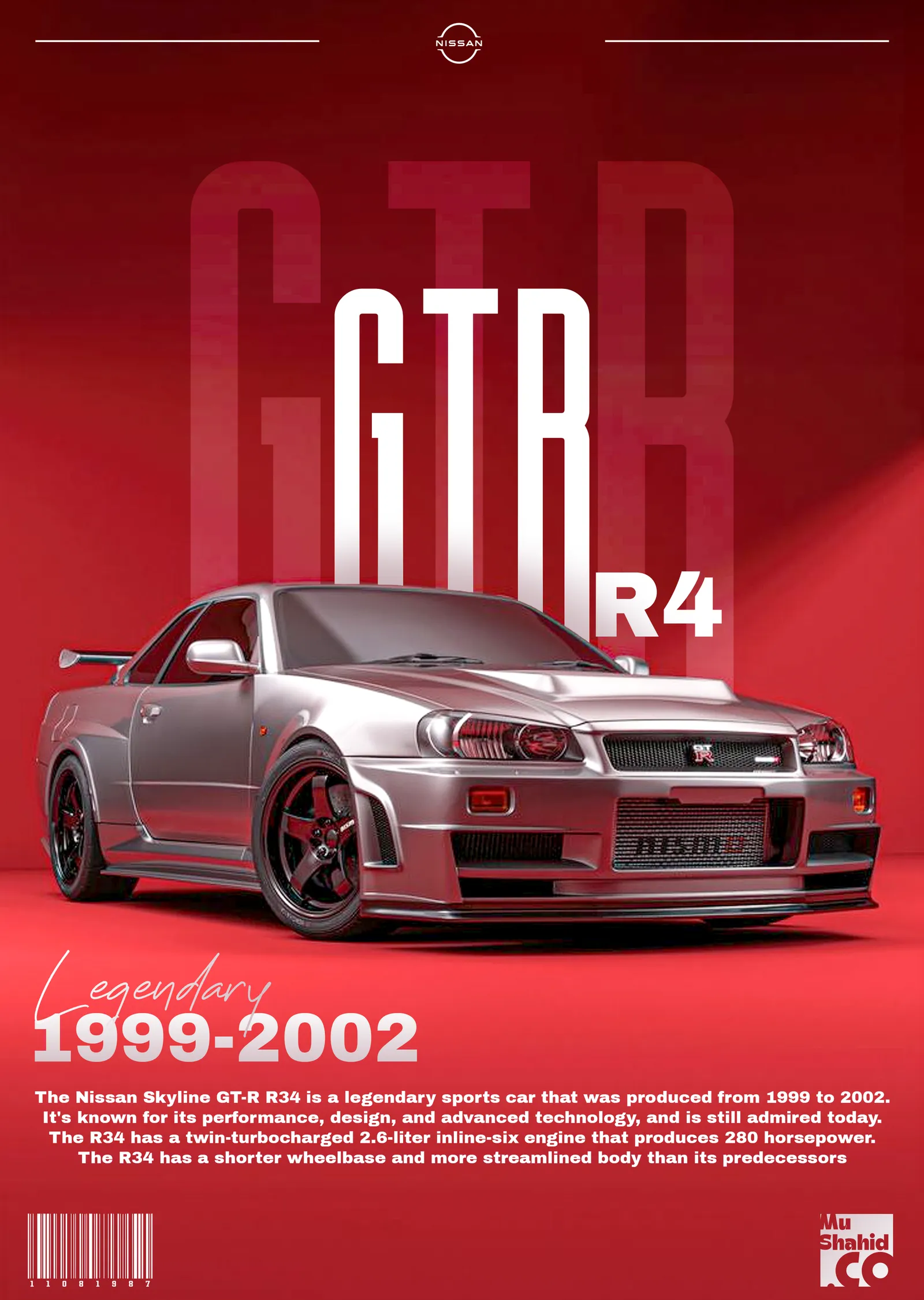 Nissan Skyline GT-R R34 - Kırmızı Zemin metal tablo