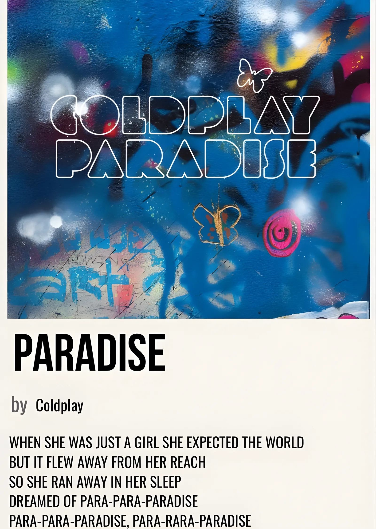 Coldplay: Paradise · Grafiti ve Şarkı Sözü metal tablo