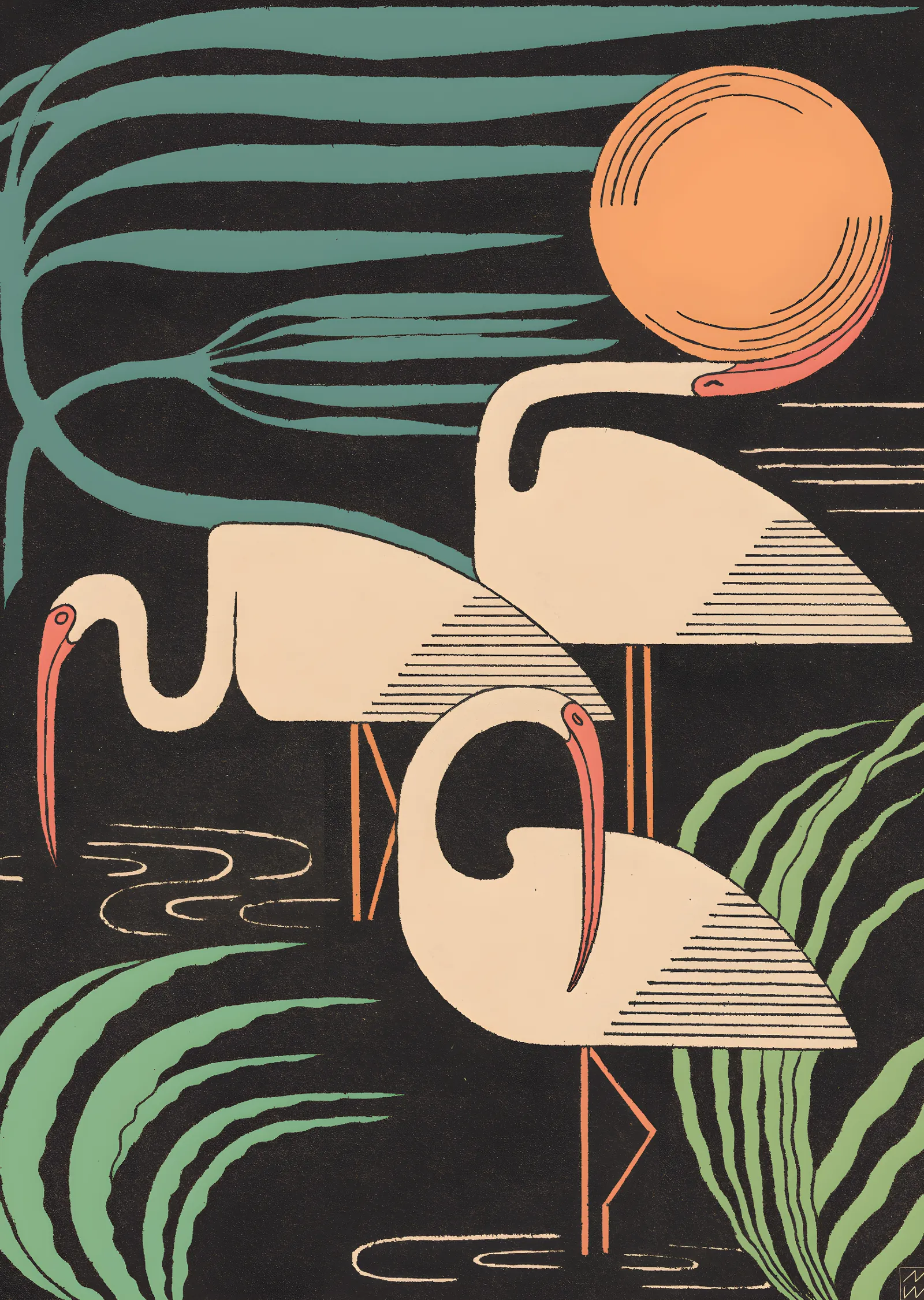 Art Deco Flamingolar metal tablo