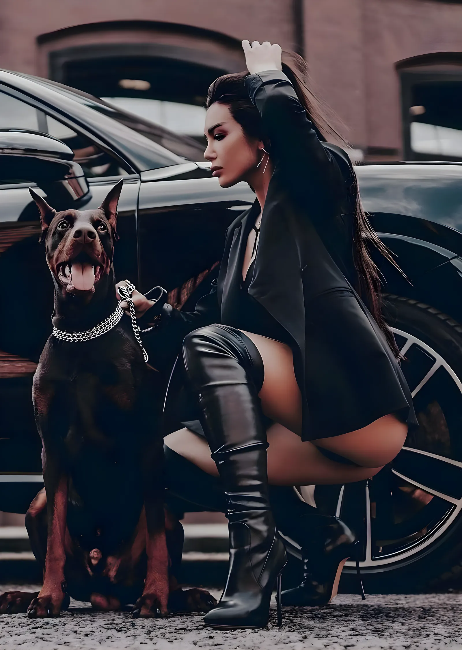 Doberman ve Şık Kadın metal tablo