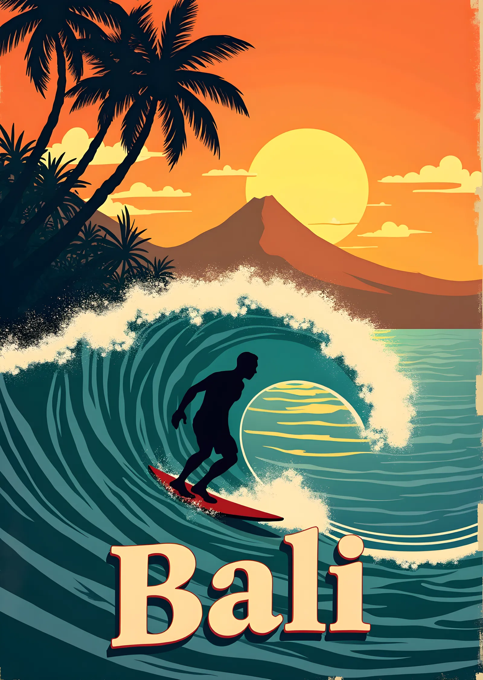 Bali Bliss: Retro Surfer Silueti metal tablo
