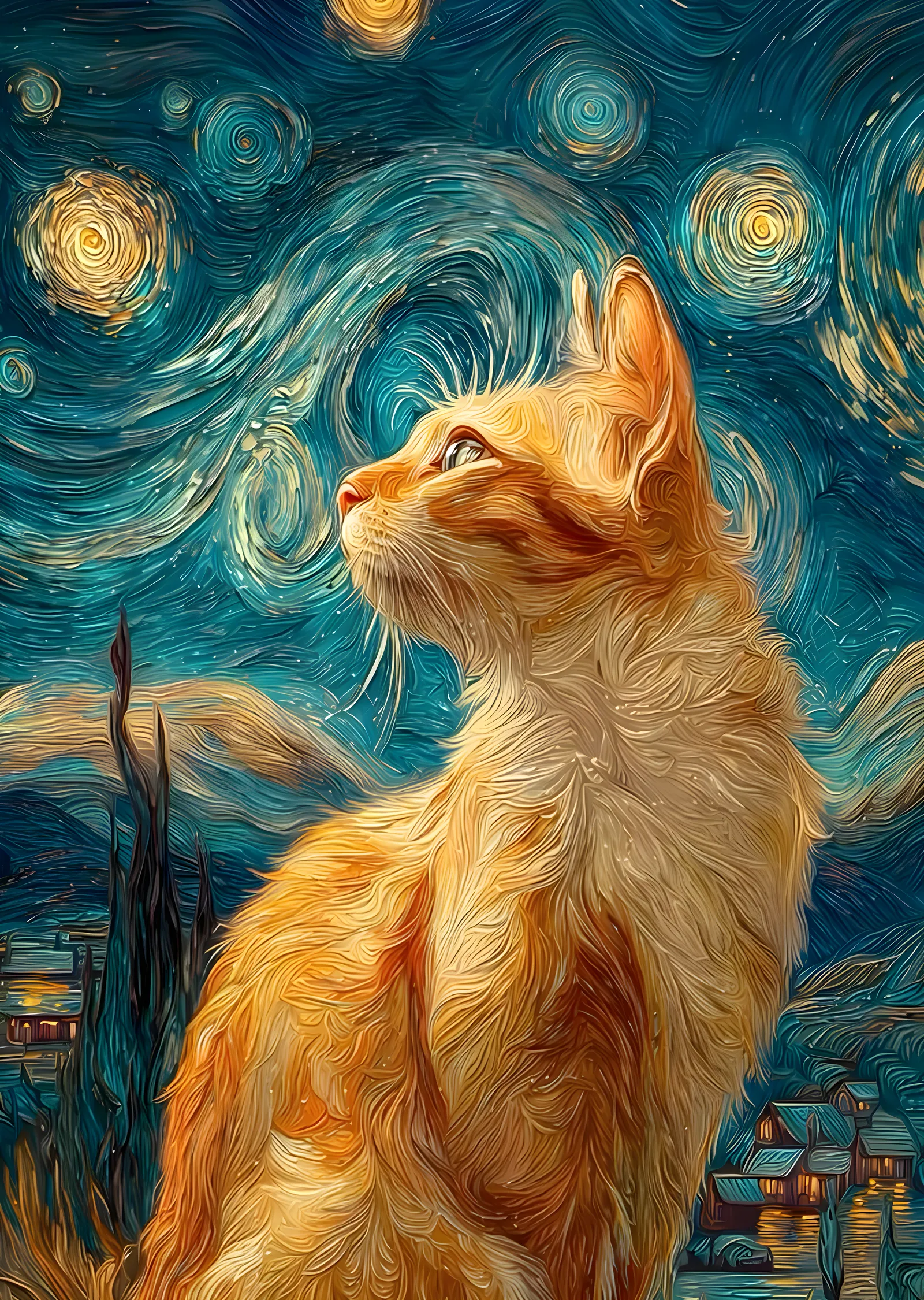 Van Gogh Yıldızlı Gece Turuncu Kedi metal tablo