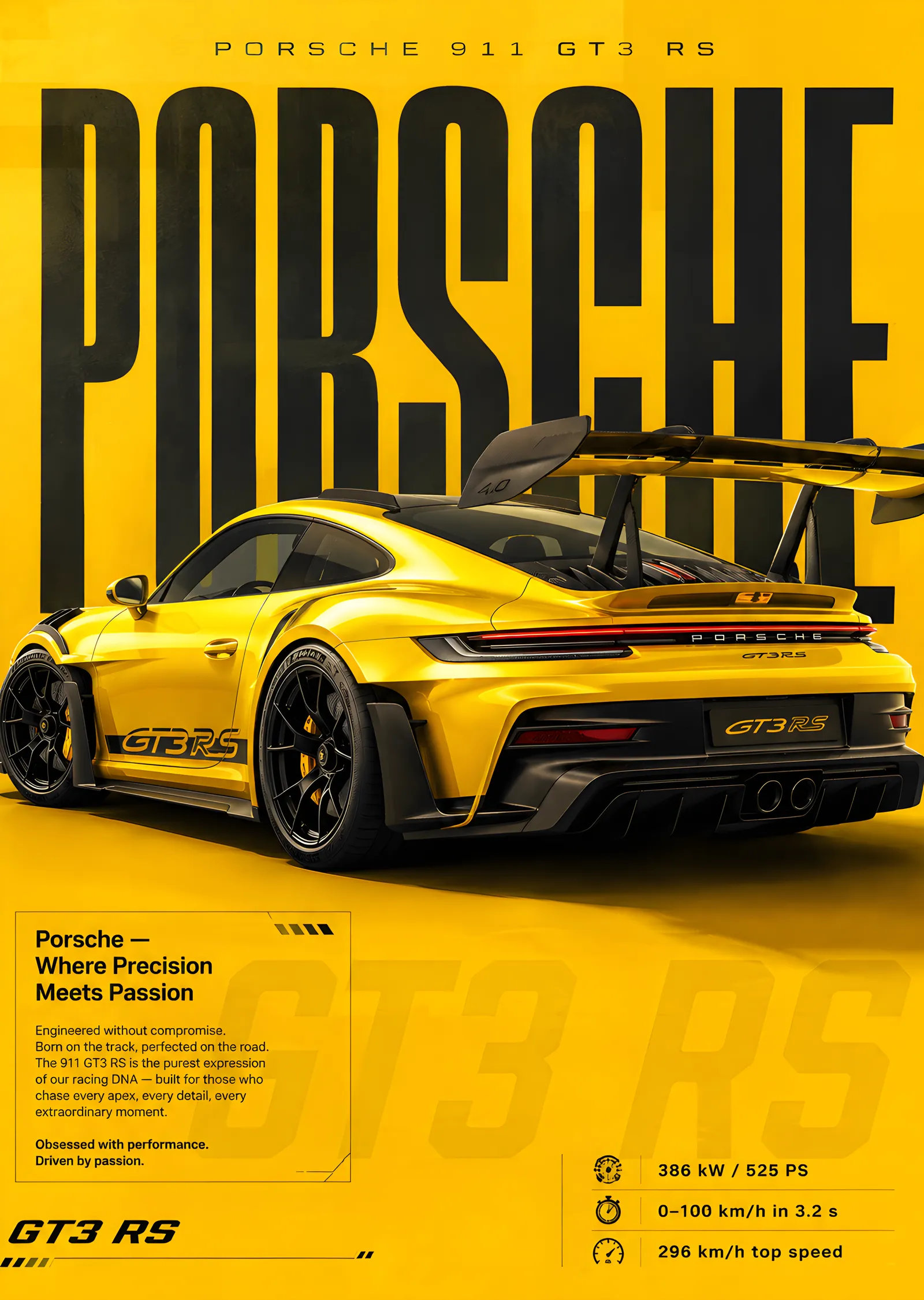 Porsche 911 GT3 RS - Sarı Fonlu Yüksek Performanslı Araba metal tablo