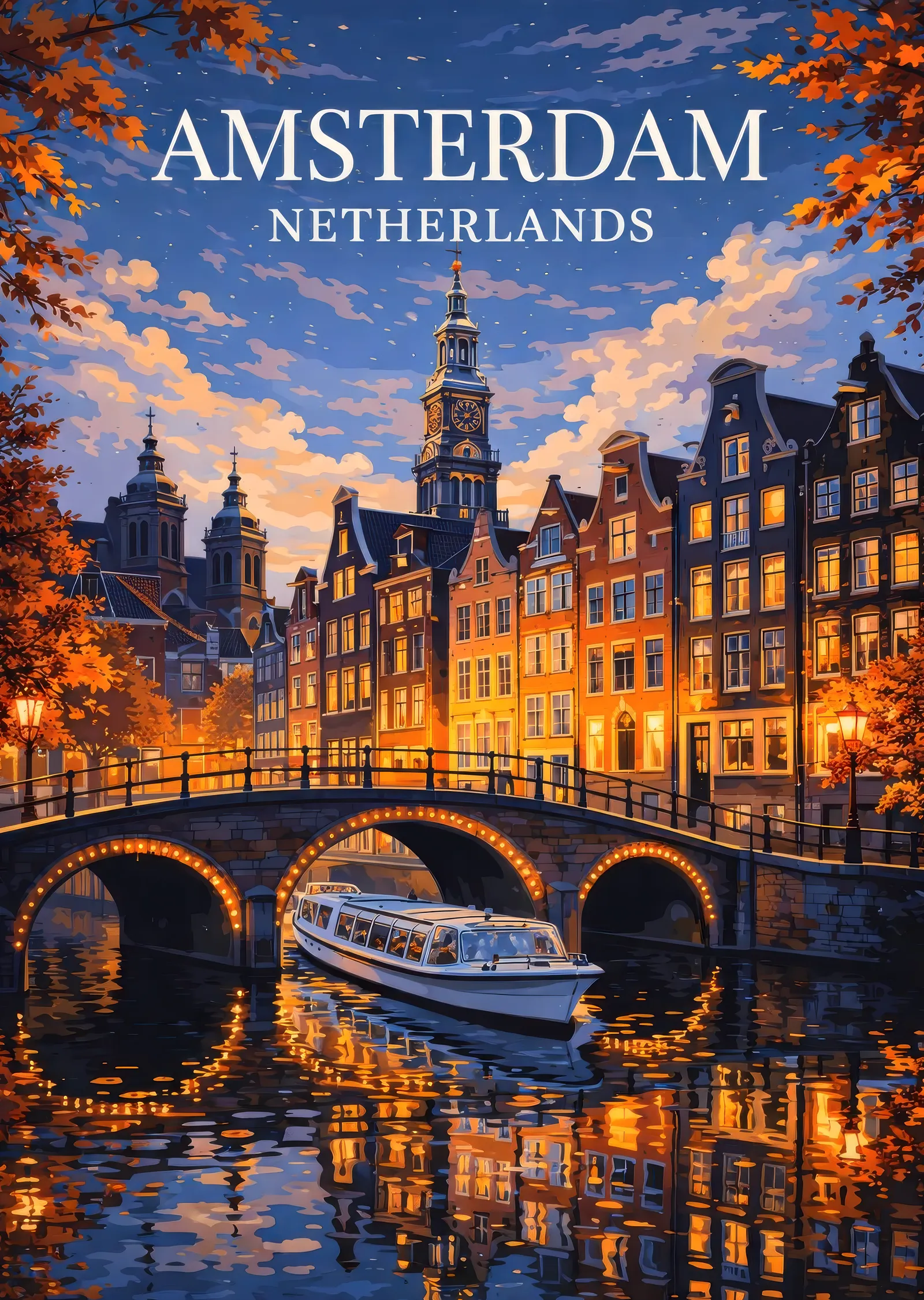 Turuncu ve Sarı Işıklarla Amsterdam Kanal Manzarası metal tablo