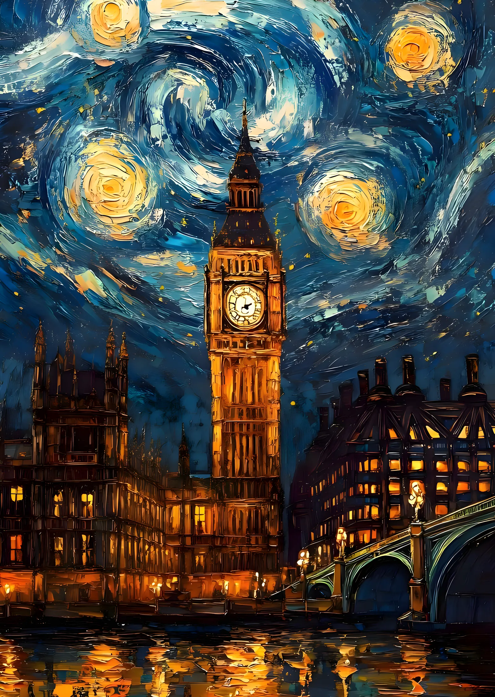 Van Gogh Esintili Big Ben: Yıldızlı Gece metal tablo