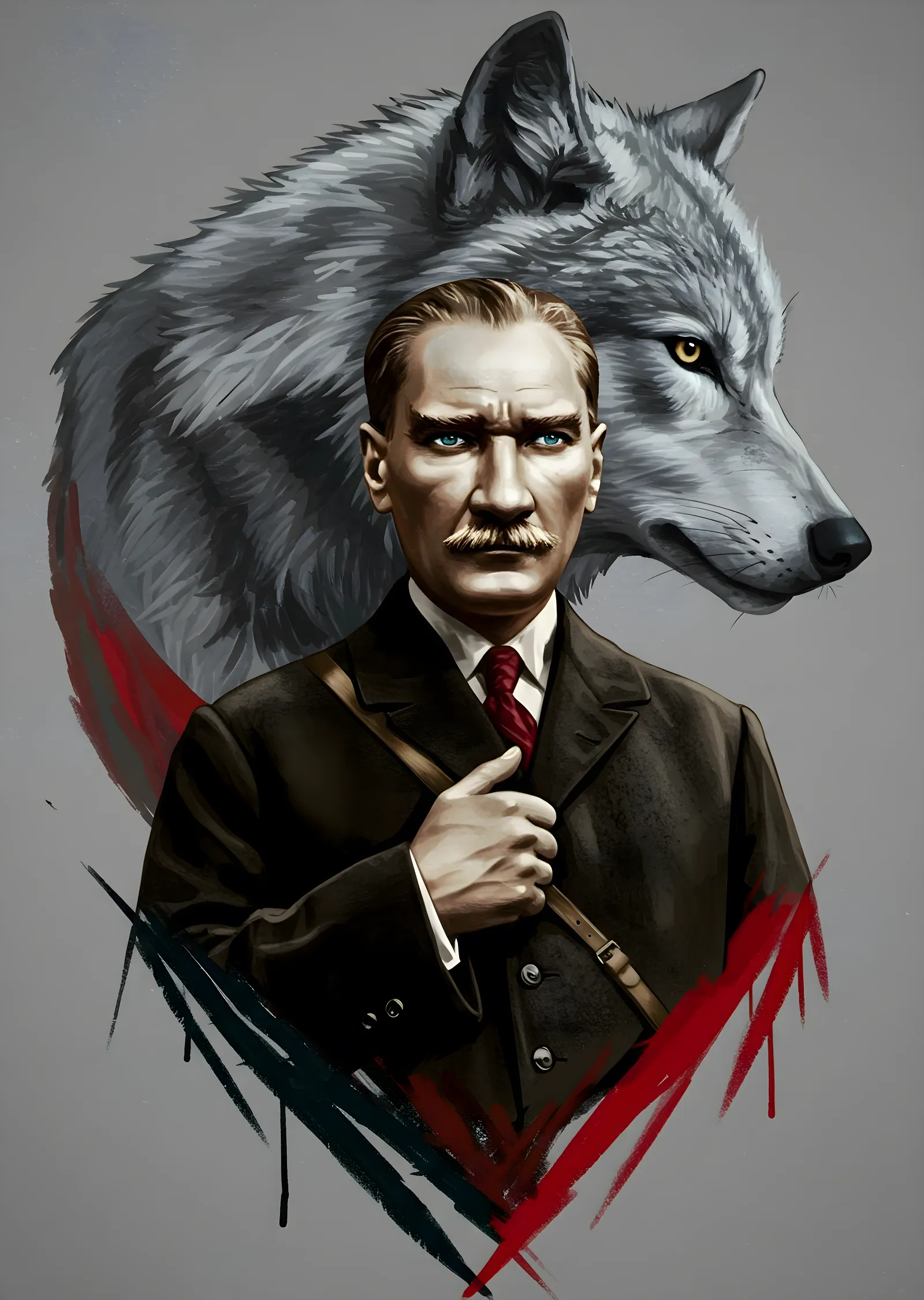 Atatürk ve Bozkurt: Kırmızı Fırça Portre metal tablo