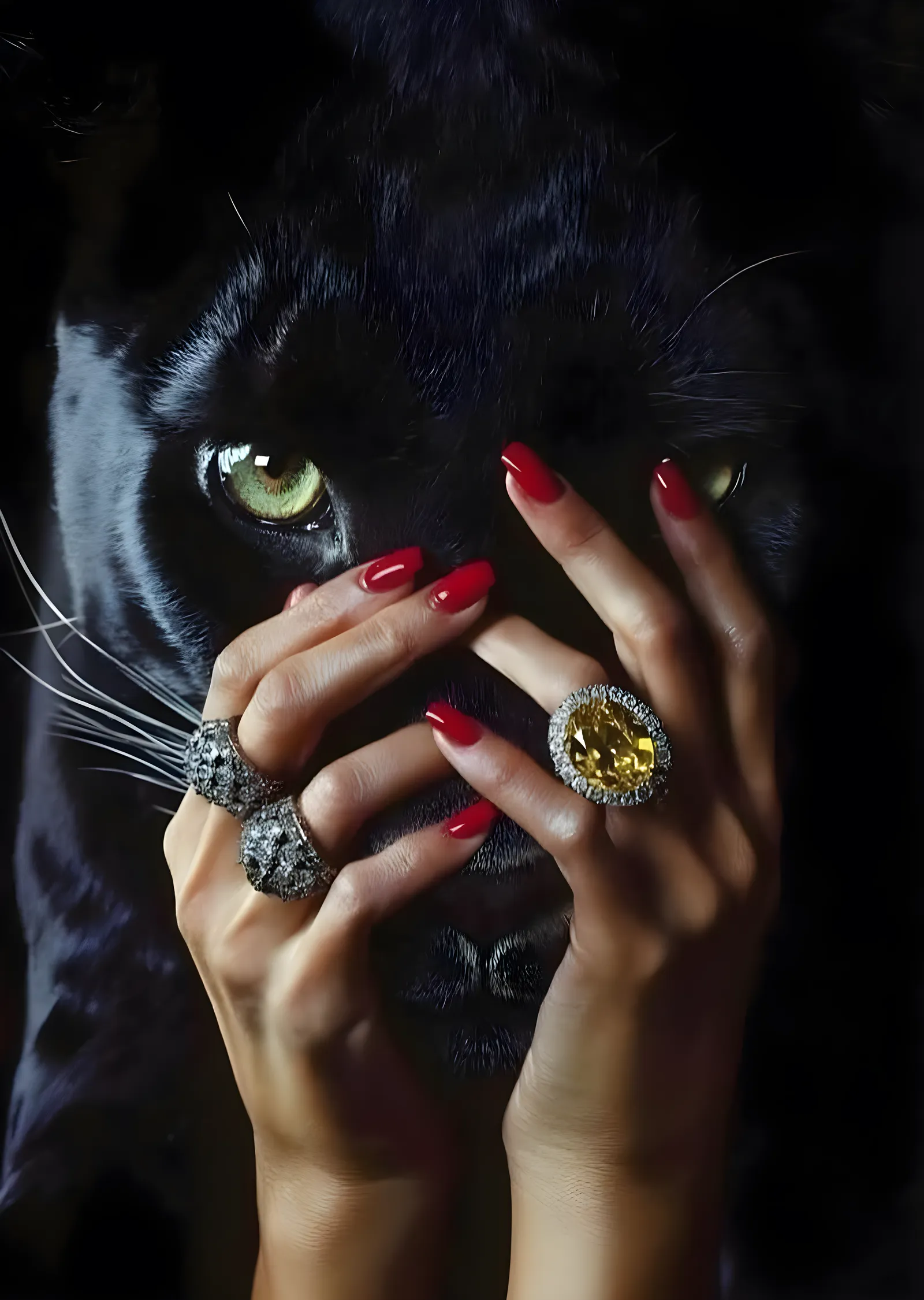 Mücevherli El ve Siyah Kedi: Zarif Bir Karşılaşma metal tablo