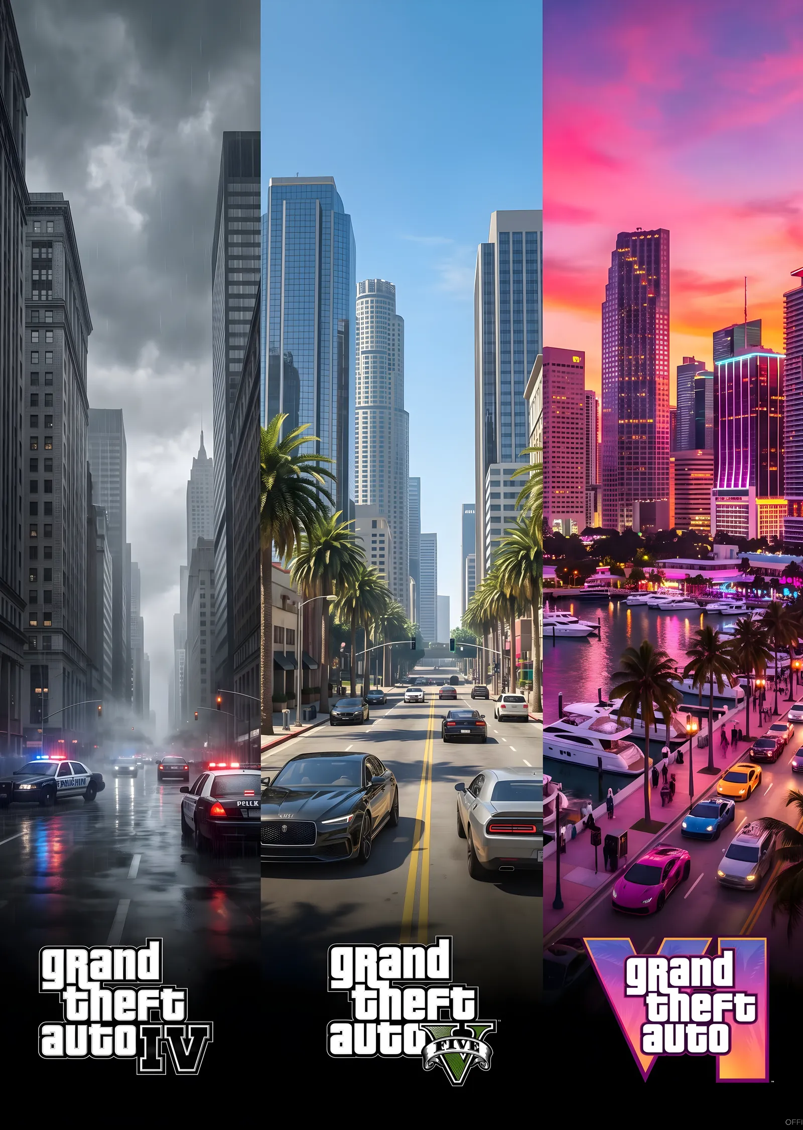 GTA IV, V ve VI - Üç Şehir metal tablo