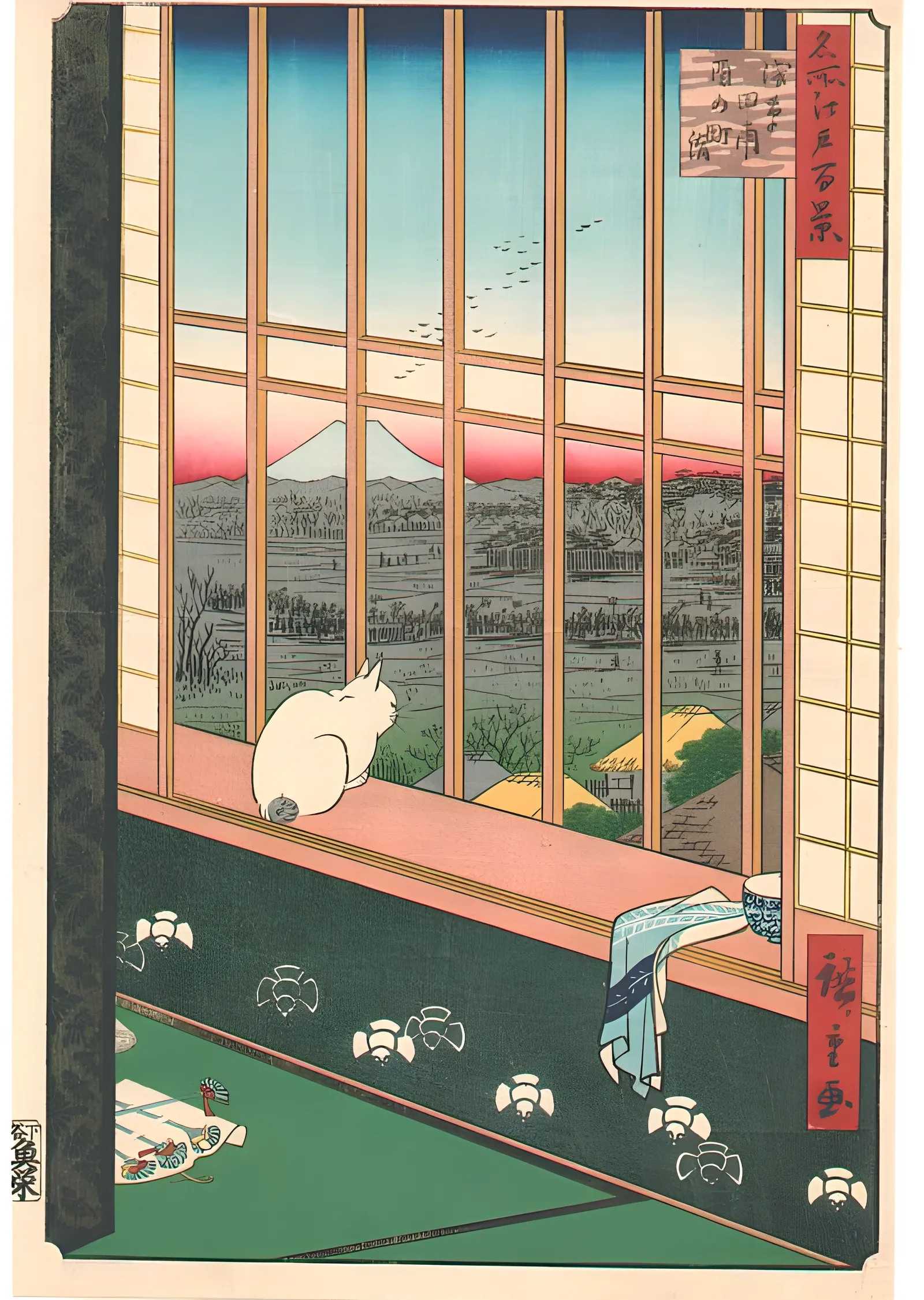 Hiroshige: Pencerede Kedi metal tablo