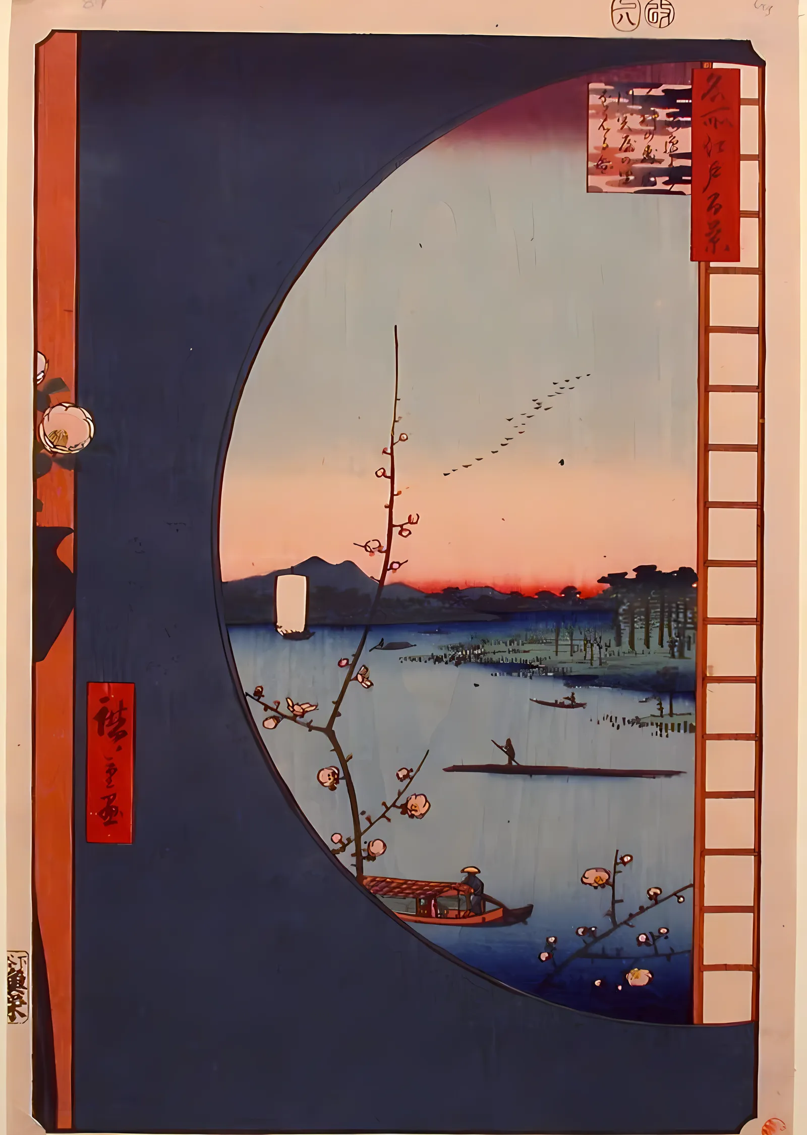 Hiroshige: Erik Çiçekleri ve Nehir metal tablo
