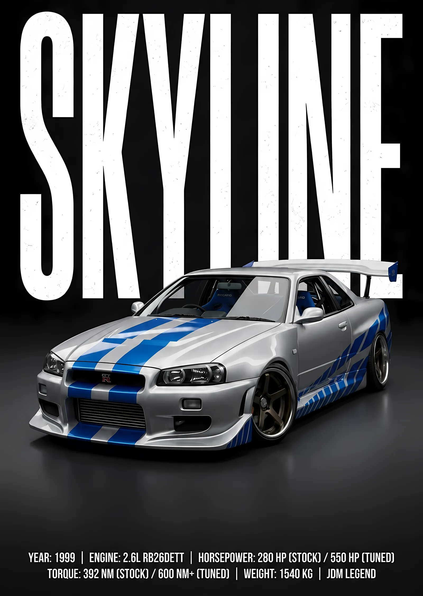 Nissan Skyline GT-R R34 - Gümüş metal tablo