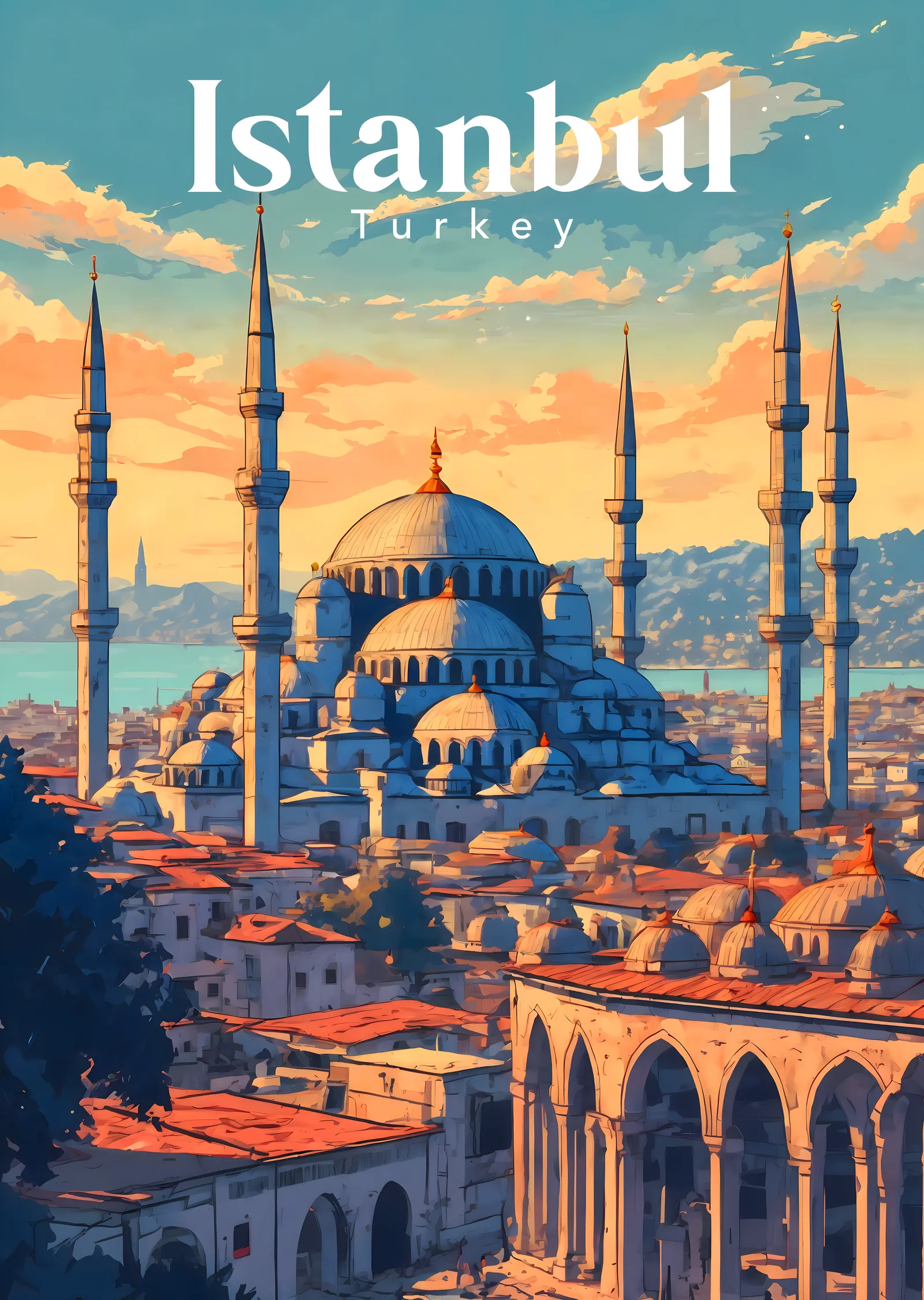 Blue Mosque at Golden Hour Retro Anime metal tablo