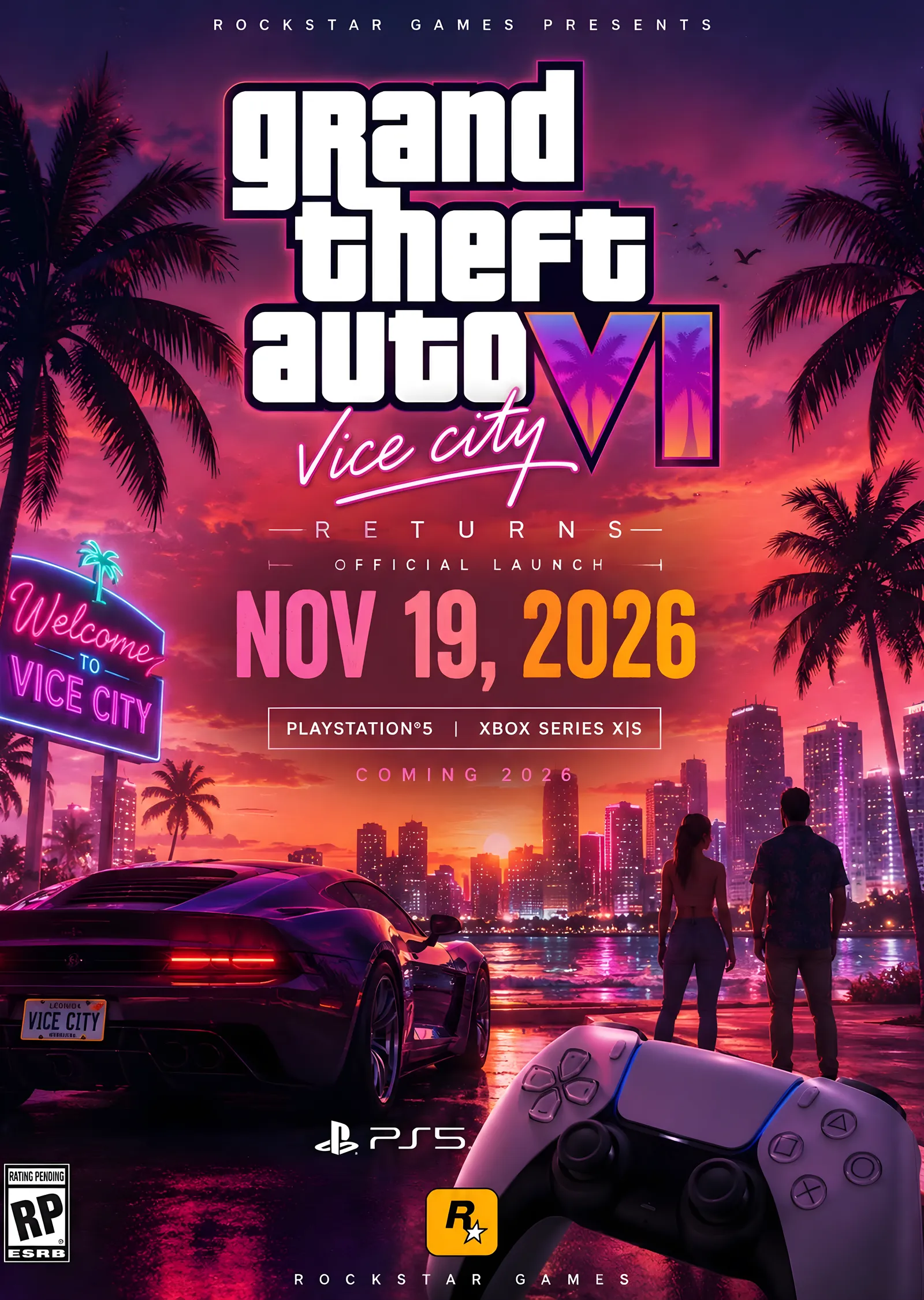Grand Theft Auto VI - Vice City Neon Sahili metal tablo