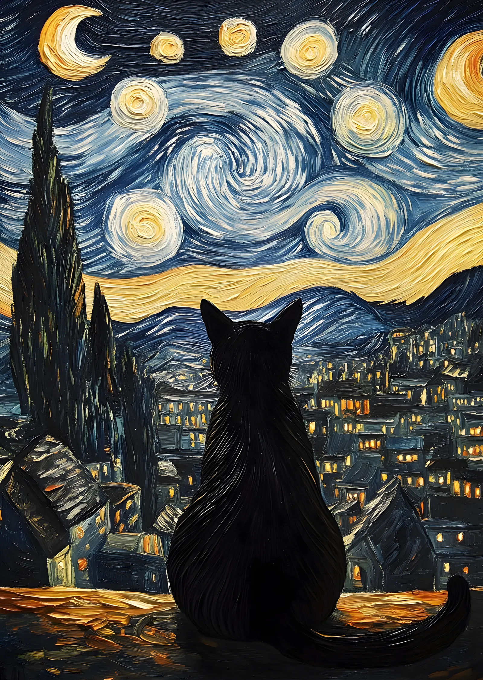 Yıldızlı Gece ve Kara Kedi metal tablo
