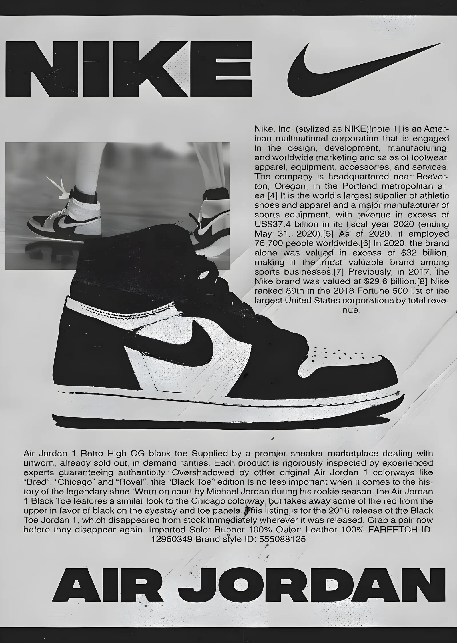 Air Jordan 1 Retro High OG Black Toe metal tablo