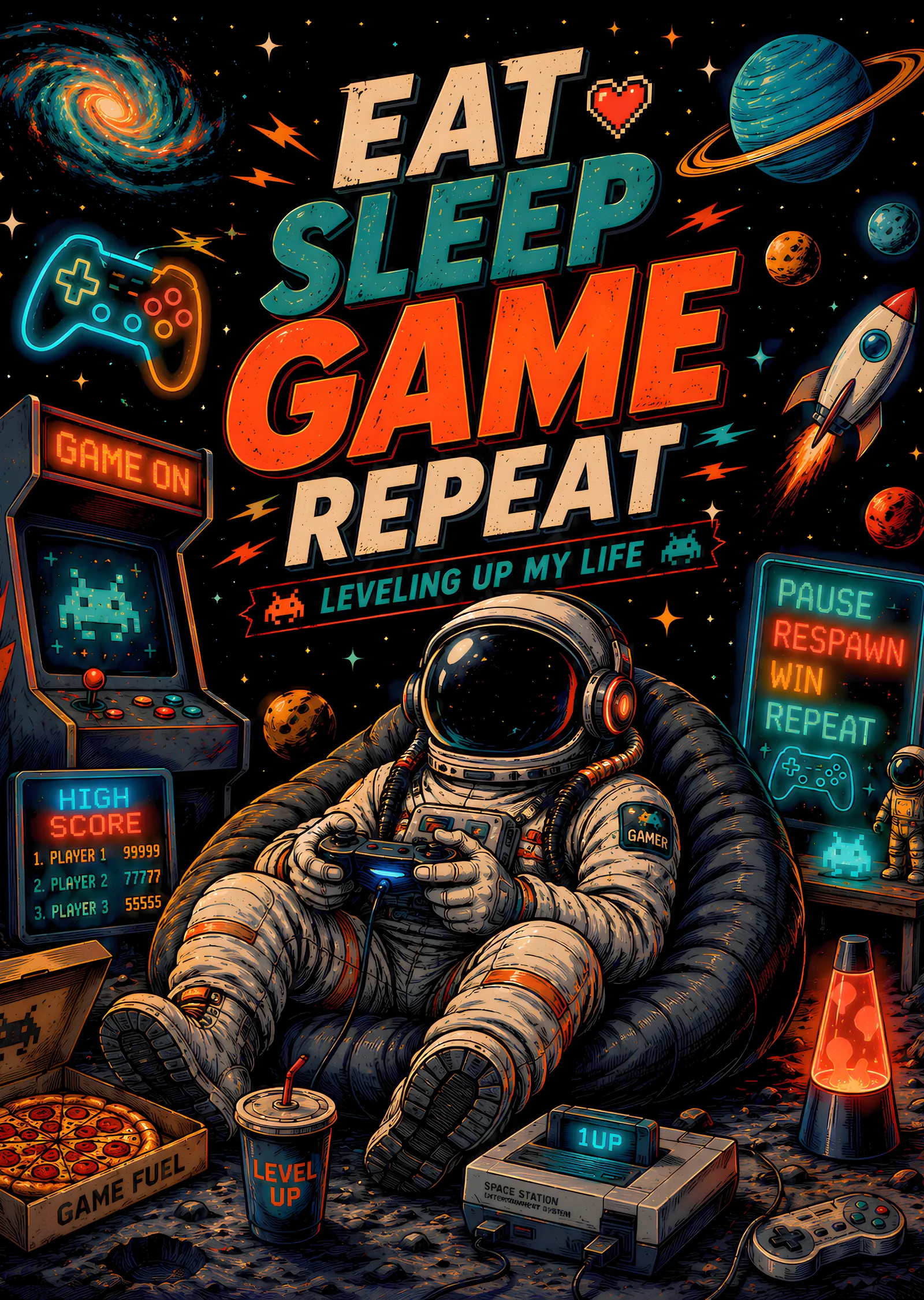 Eat Sleep Game Repeat: Retro Astronaut Gamer metal tablo