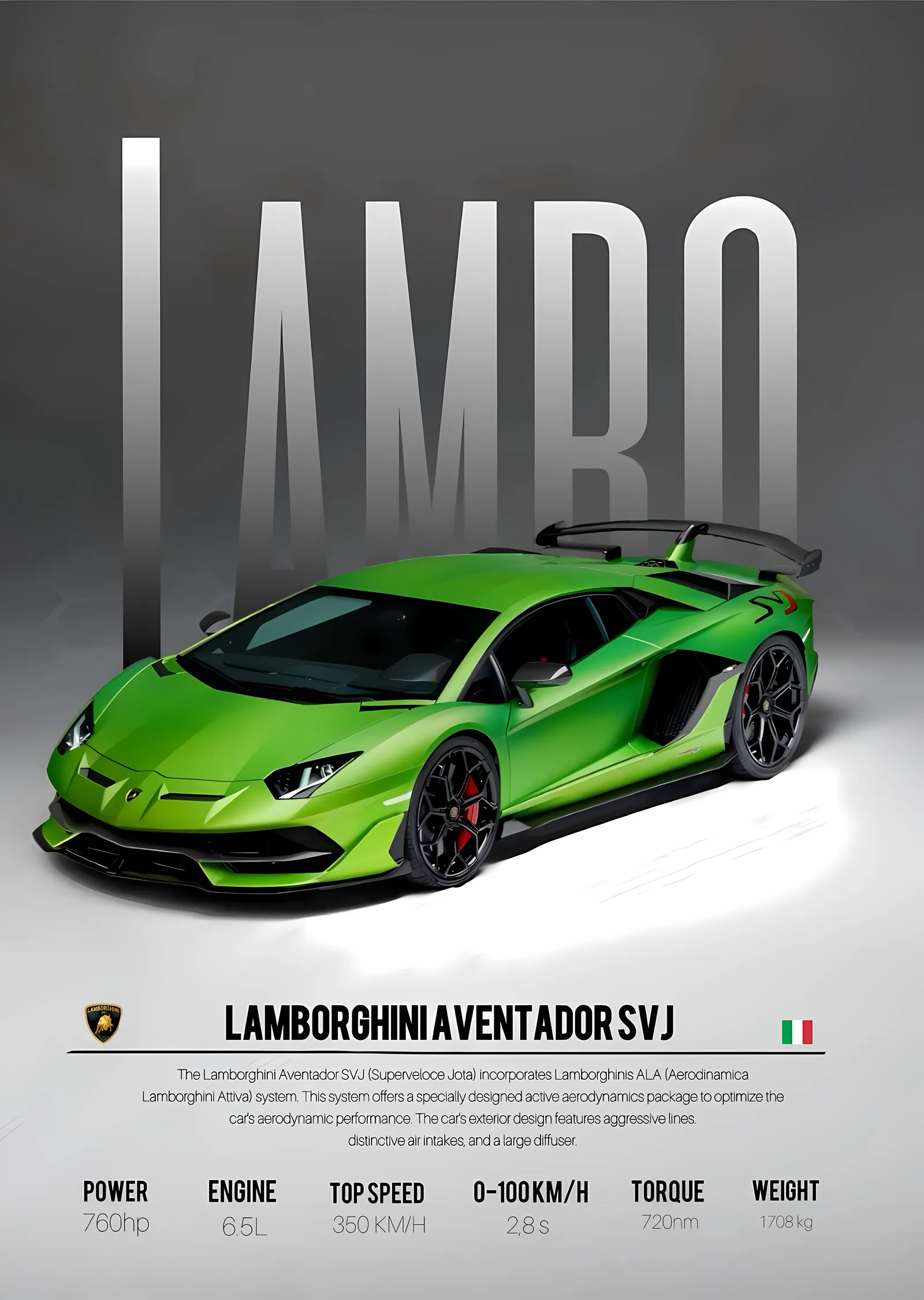 Yeşil Lamborghini Aventador SVJ metal tablo