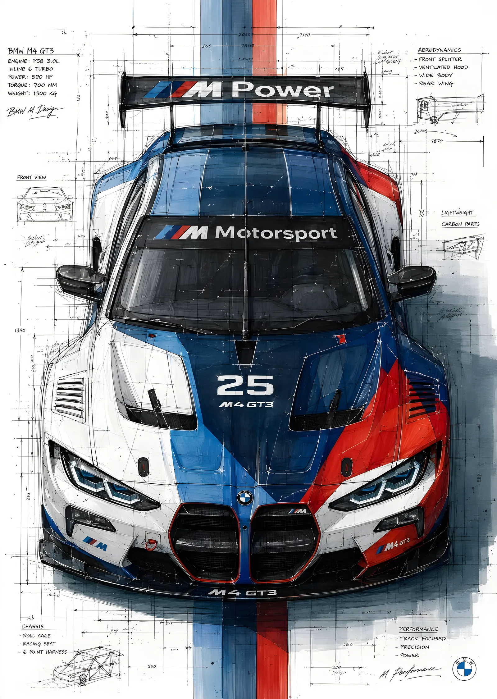 BMW M4 GT3 - Teknik Çizim metal tablo