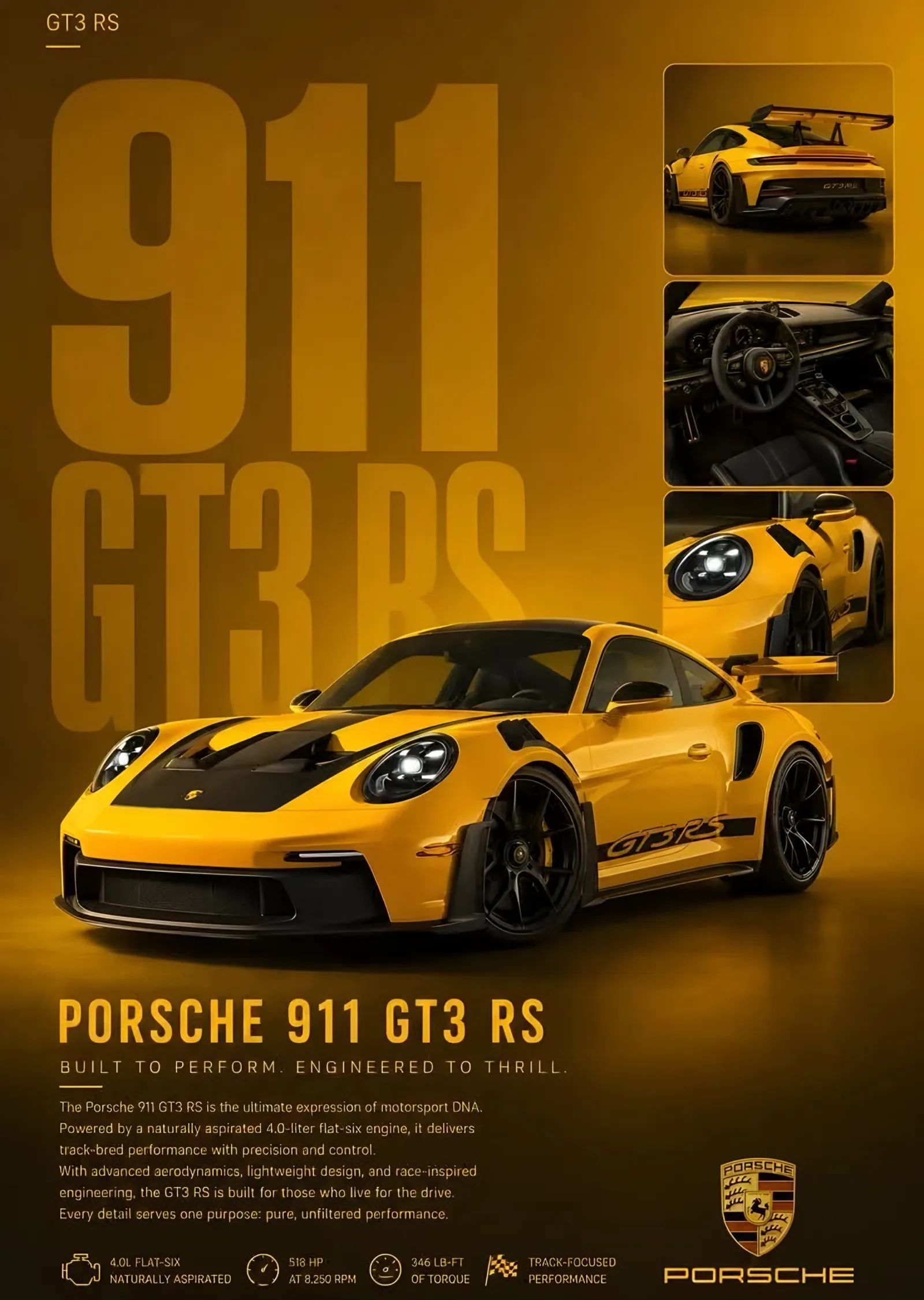Porsche 911 GT3 RS Sarı Künye metal tablo
