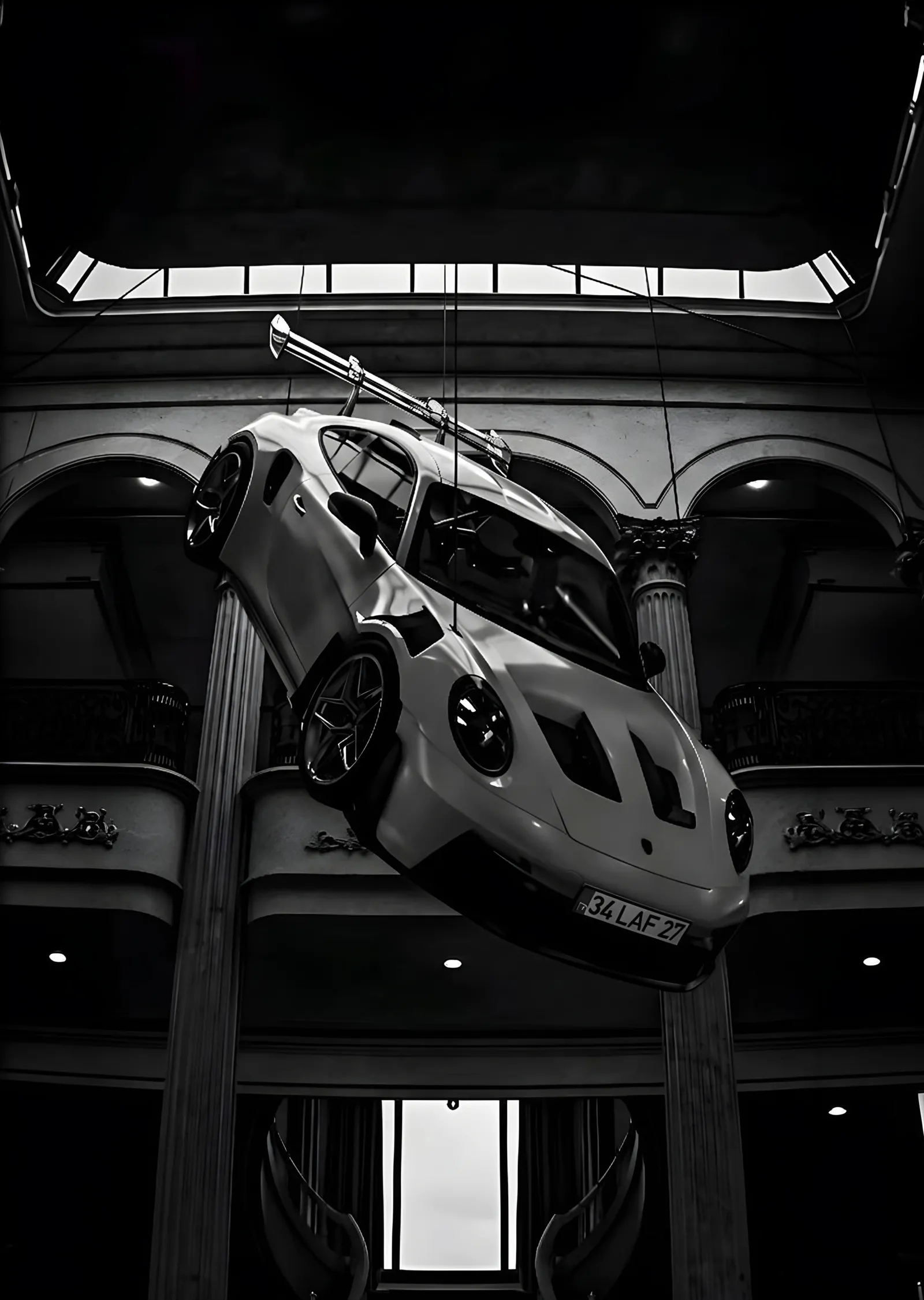 Porsche Otopark Siyah Beyaz metal tablo