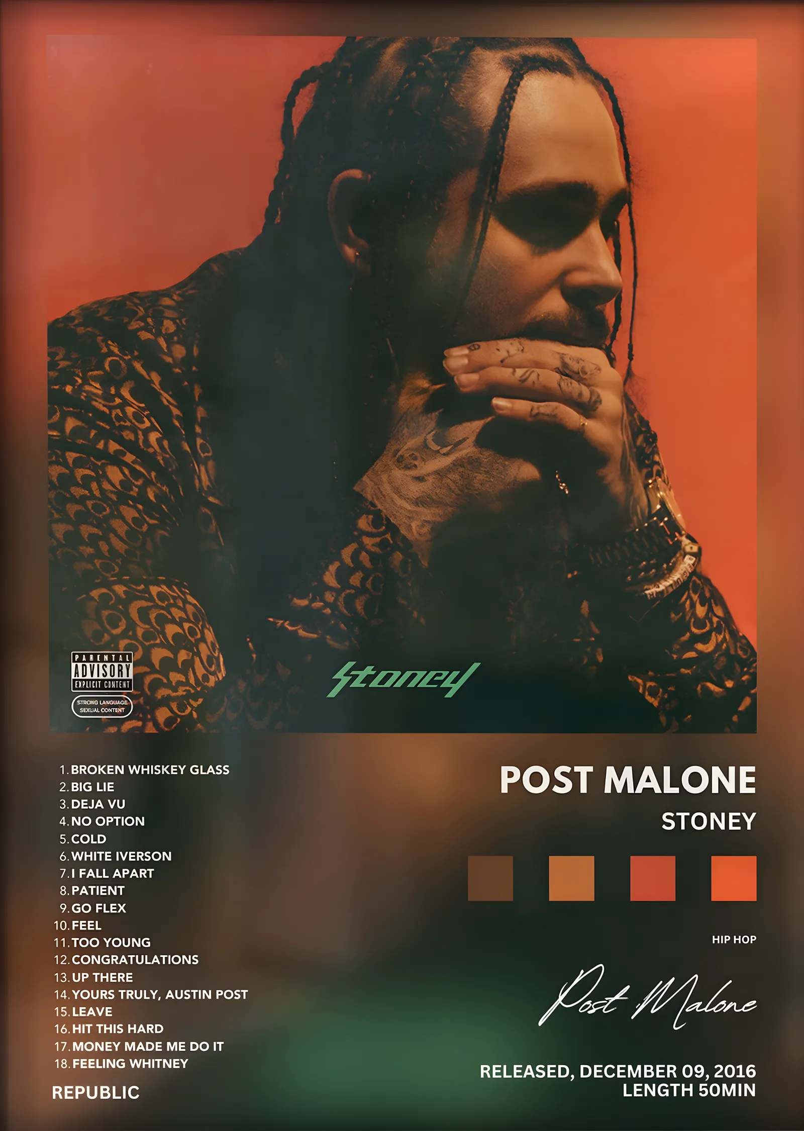 Post Malone: Stoney (Turuncu Zemin) metal tablo