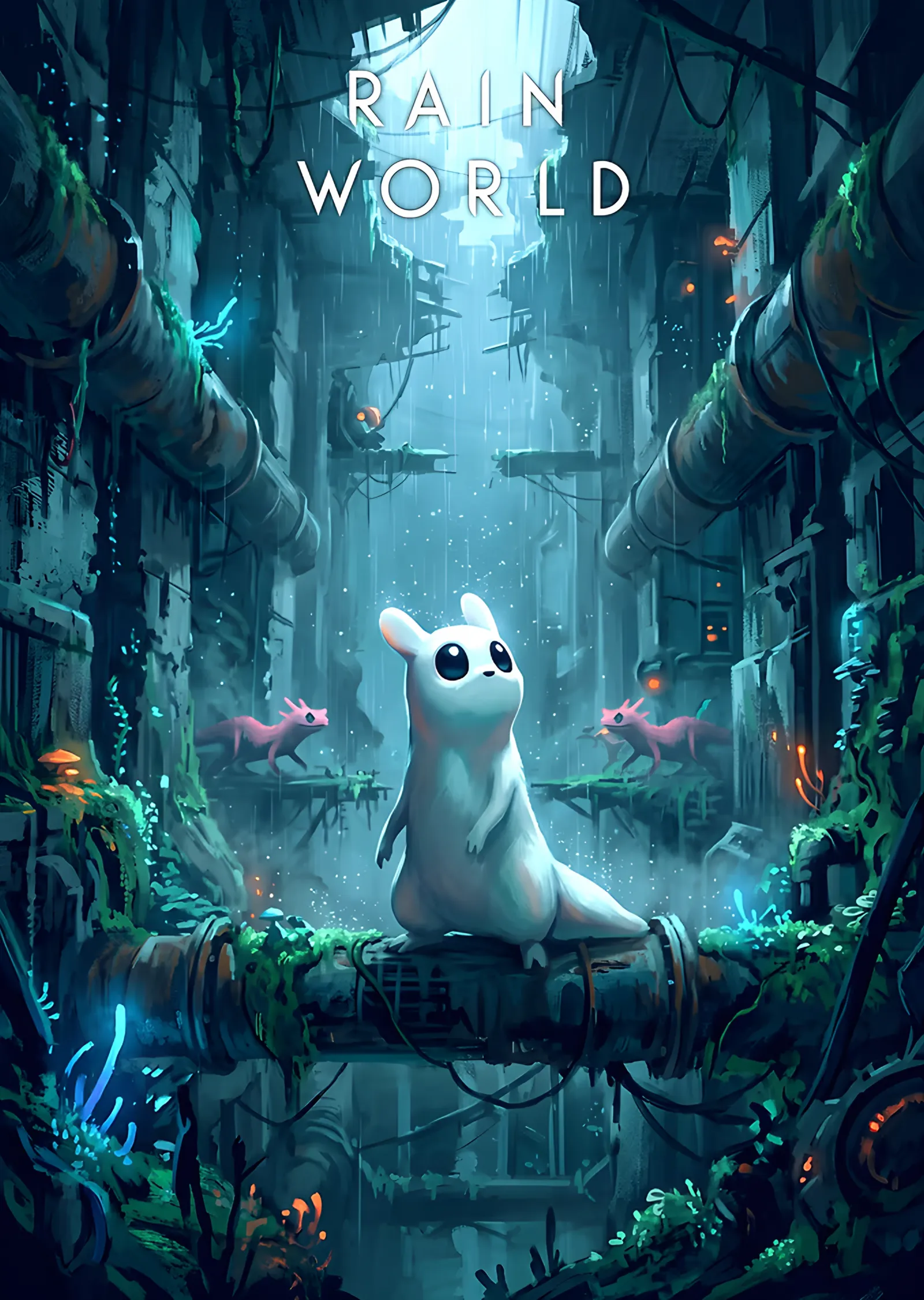 Rain World: Turkuaz Boruların Üstünde Slugcat metal tablo