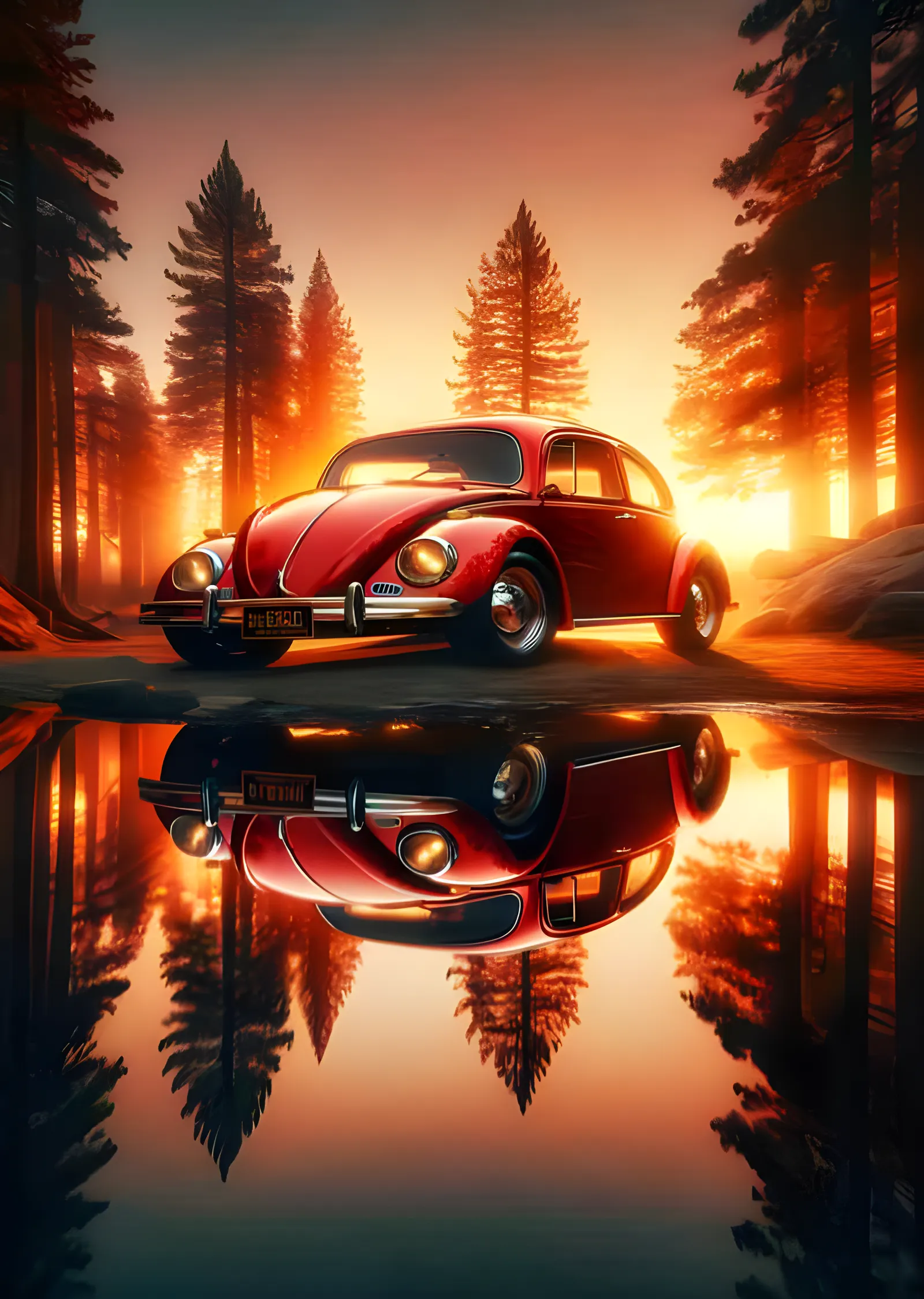 Kırmızı VW Beetle - Orman Gölünde Yansıma metal tablo