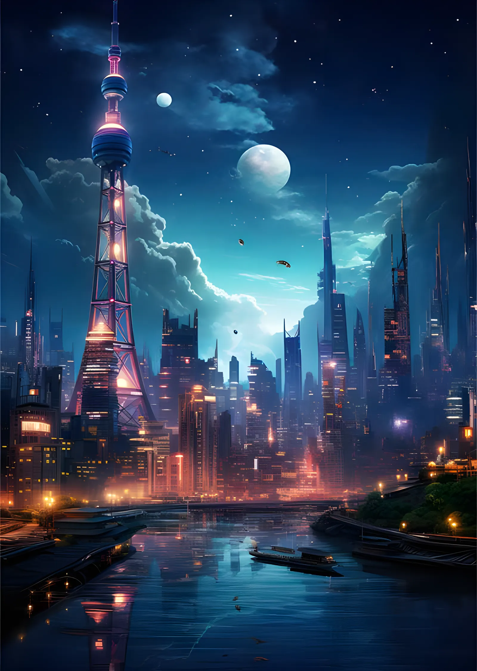 Cyberpunk Yansımalar - Çift Aylı Gece Şehri metal tablo