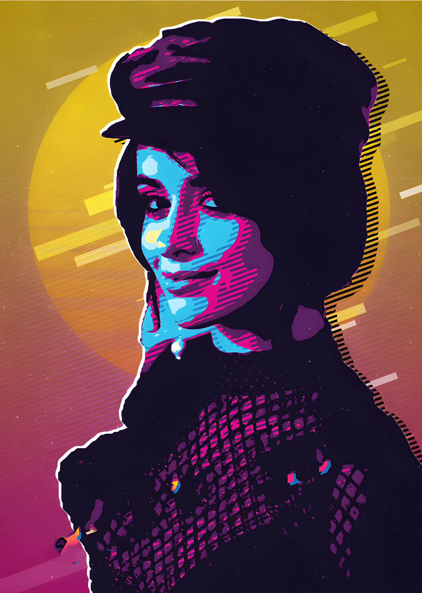 Retro Portre - Synthwave Gün Batımı metal tablo