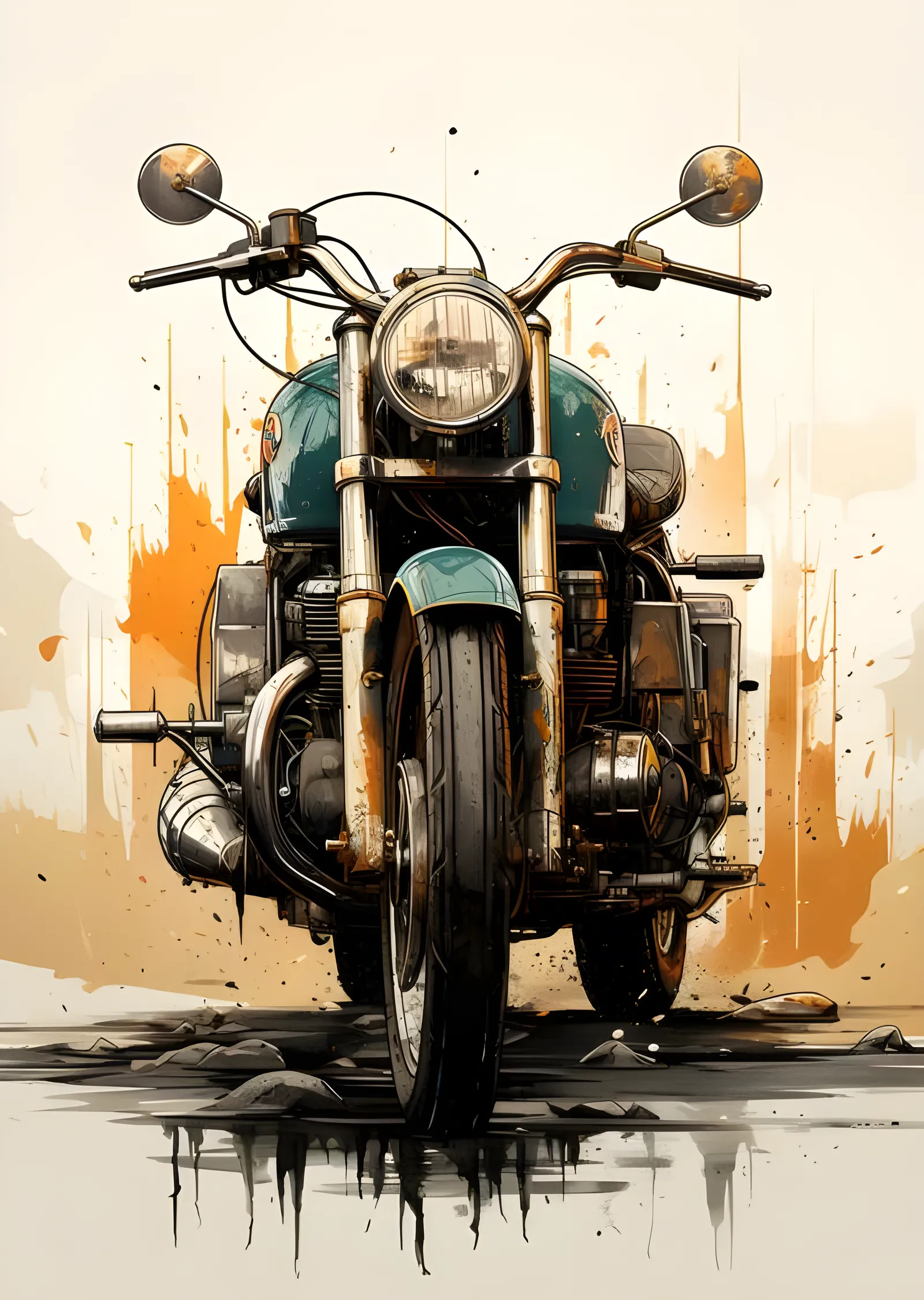 Mavi Retro Motosiklet - Suluboya Sıçraması metal tablo
