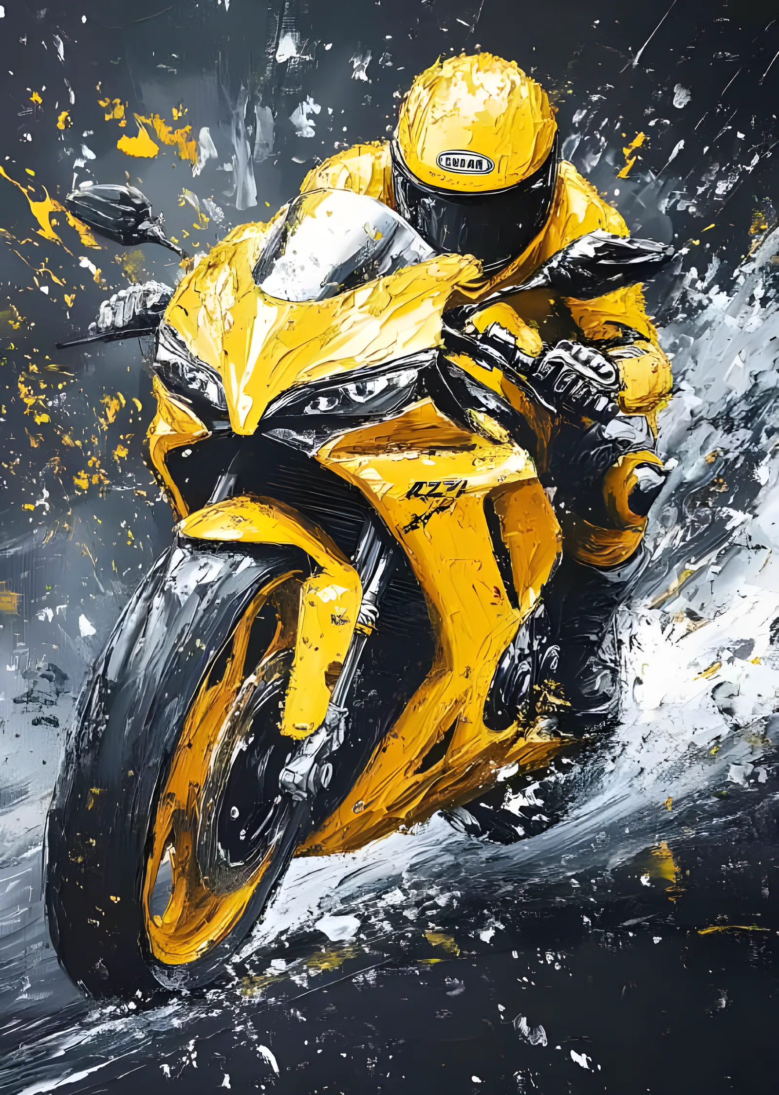 Sarı Spor Motosiklet Sürücüsü - Viraj Anı metal tablo