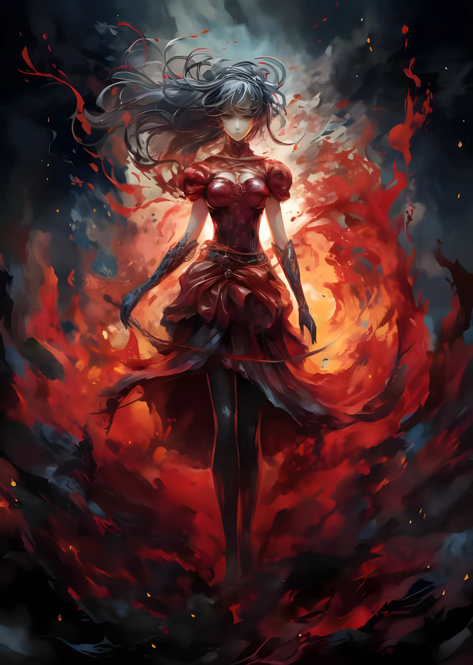 Alev Denizinde Kızıl Elbiseli Anime Kızı metal tablo