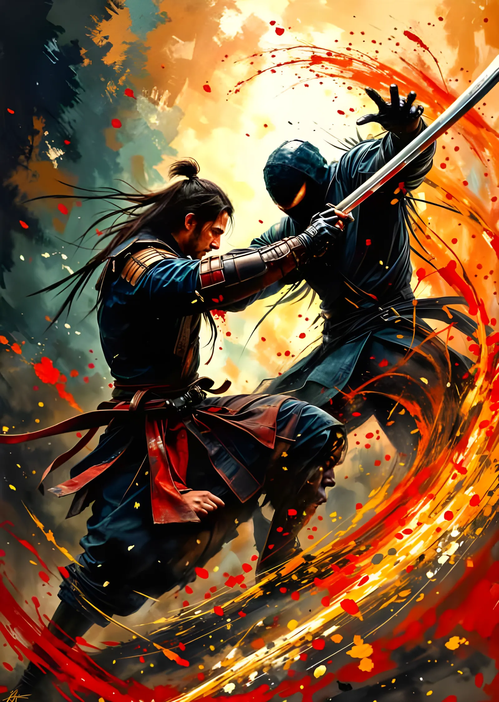 Samuray ve Ninja - Alev Renkli Düello metal tablo