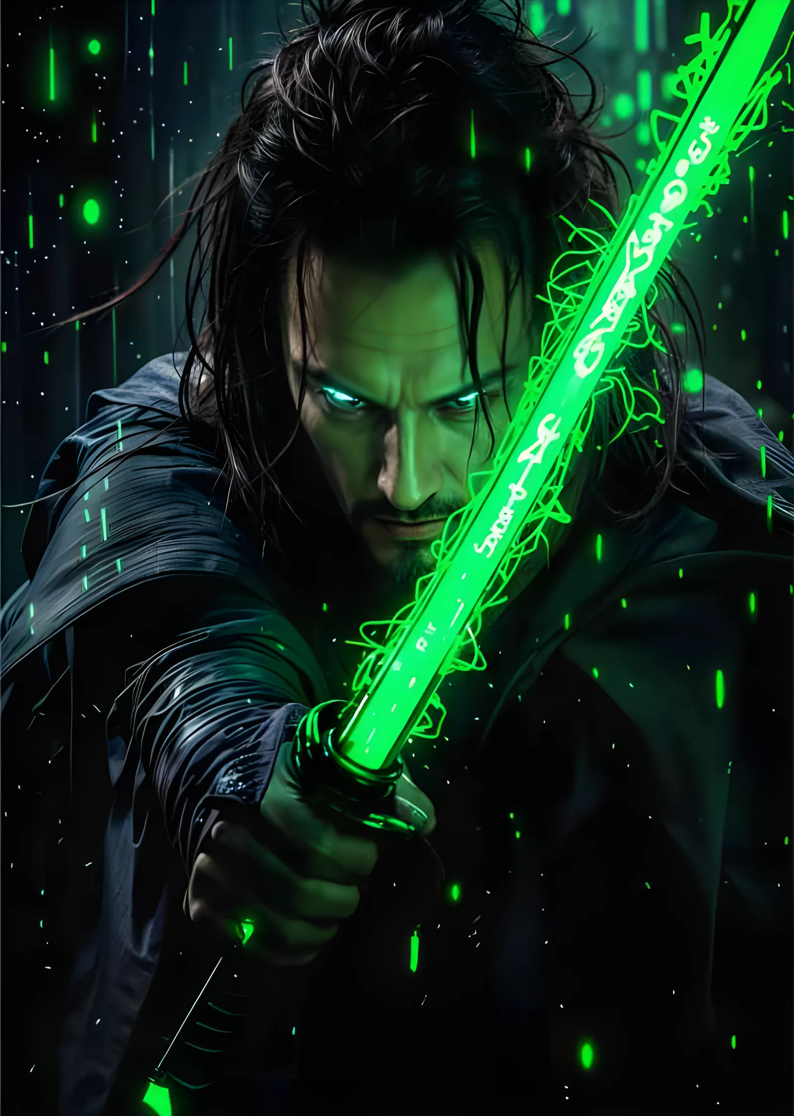 Neon Yeşil Katana - Siber Samuray metal tablo