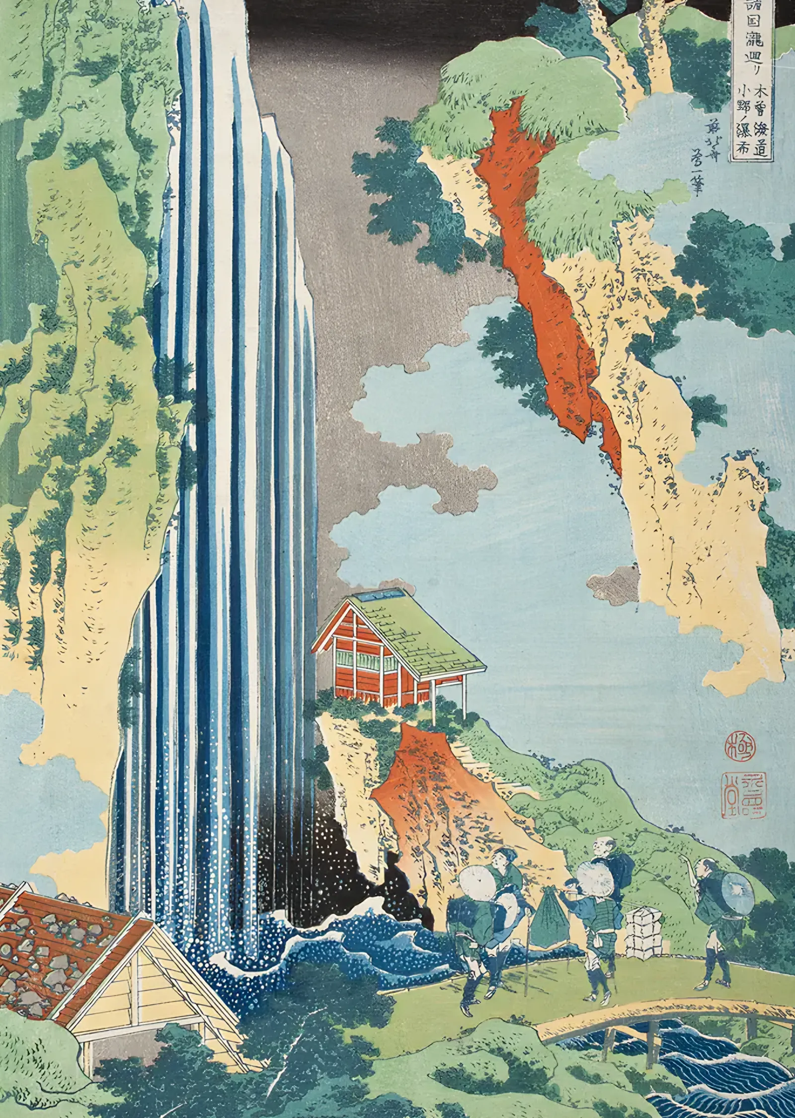 Şelale ve Çay Evi - Katsushika Hokusai metal tablo